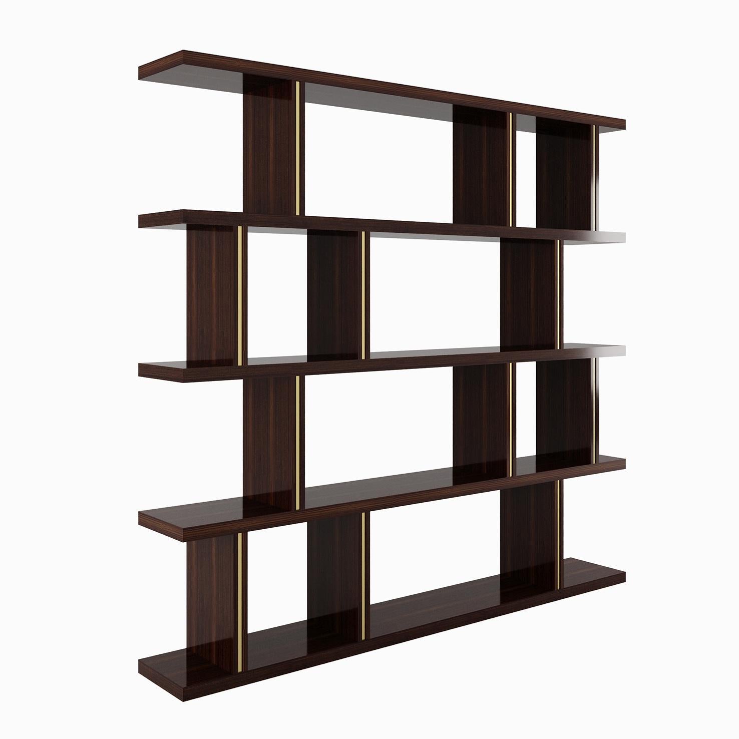 NOBRE Bookcase in Glossy Ebony Makassar and Antique Brass Trims In New Condition For Sale In Frazão, Porto