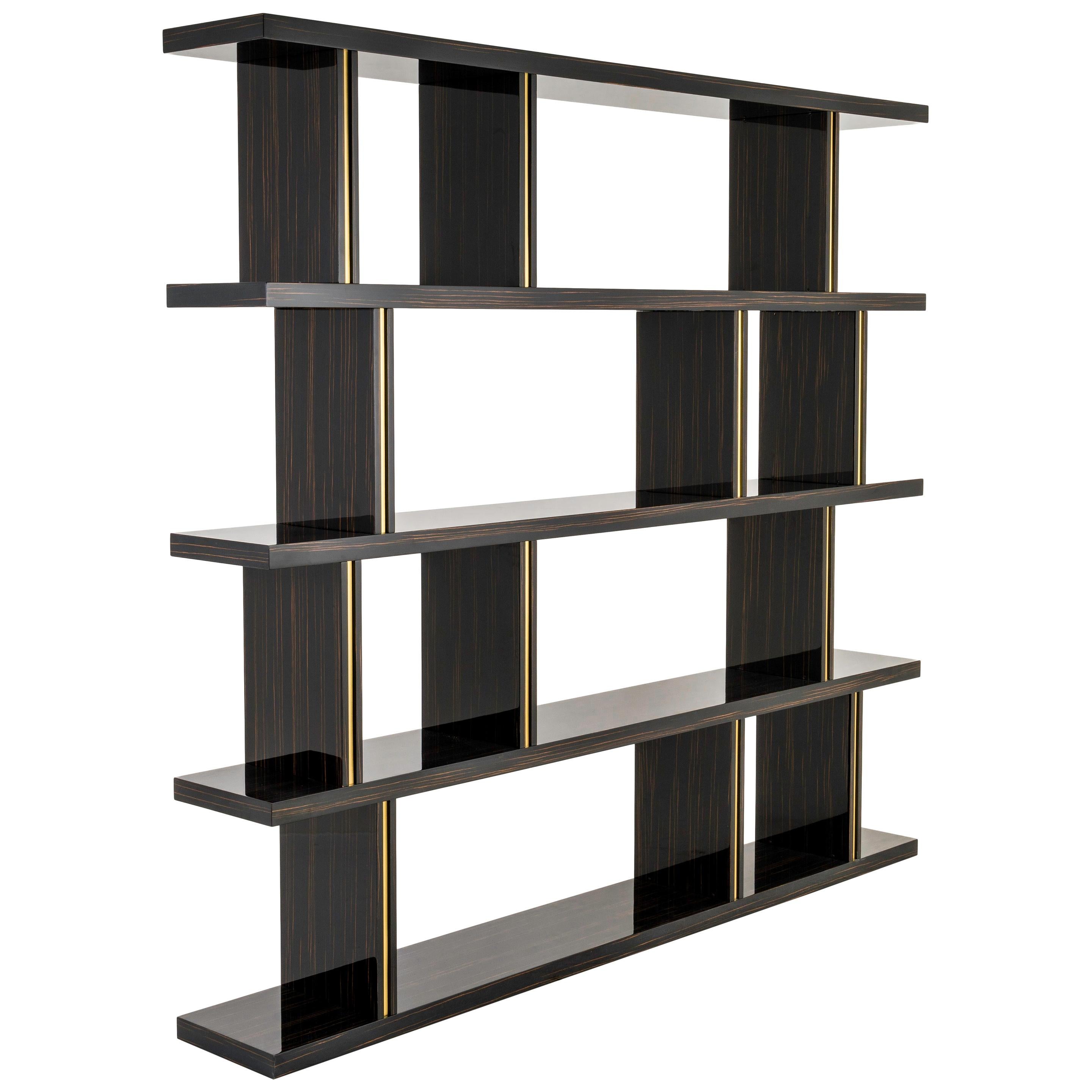 NOBRE Bookcase in Glossy Ebony Makassar and Antique Brass Trims For Sale