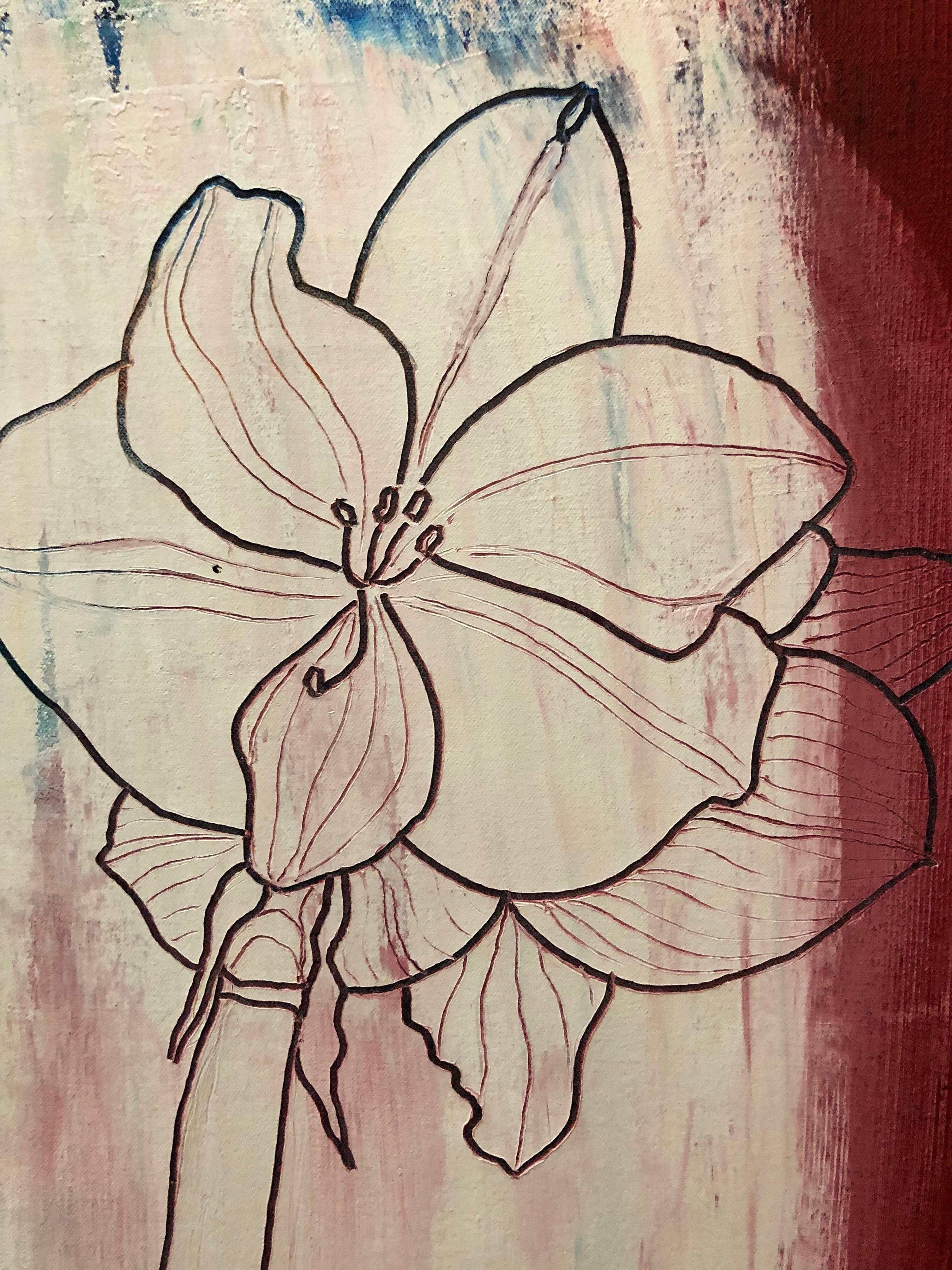 This piece is done in a sort of sgraffito technique with the flowers sort of etched in the paint. 
Born in Tokyo, Japan, Nobu Fukui Came to New York where he became a US citizen. From 1964 - 65, he studied at the Art Students League in New York