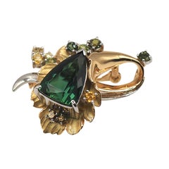 Nobuko Ishikawa Green Tourmaline Sapphire Diamond Platinum 18K Brooch