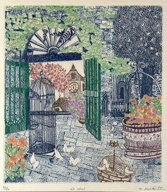 La Cour (French Courtyard Interior with Birds and Birdcage)