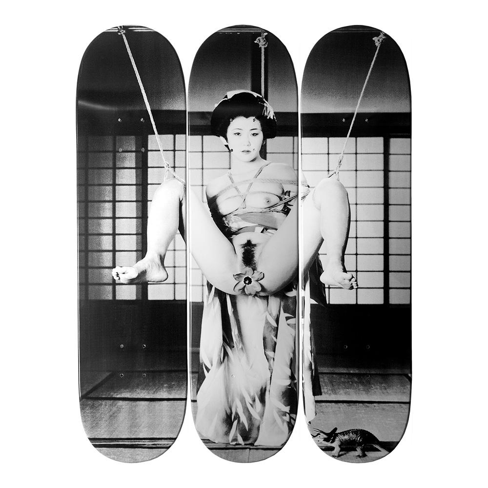 Nobuyoshi Araki - GEISHA
Date of creation: 2016
Medium: Digital print on Canadian maple wood
Edition: 125
Size: 80 x 20 cm (each skate)
Condition: In mint conditions and never displayed
This triptych is formed by three skate decks made of 7 ply