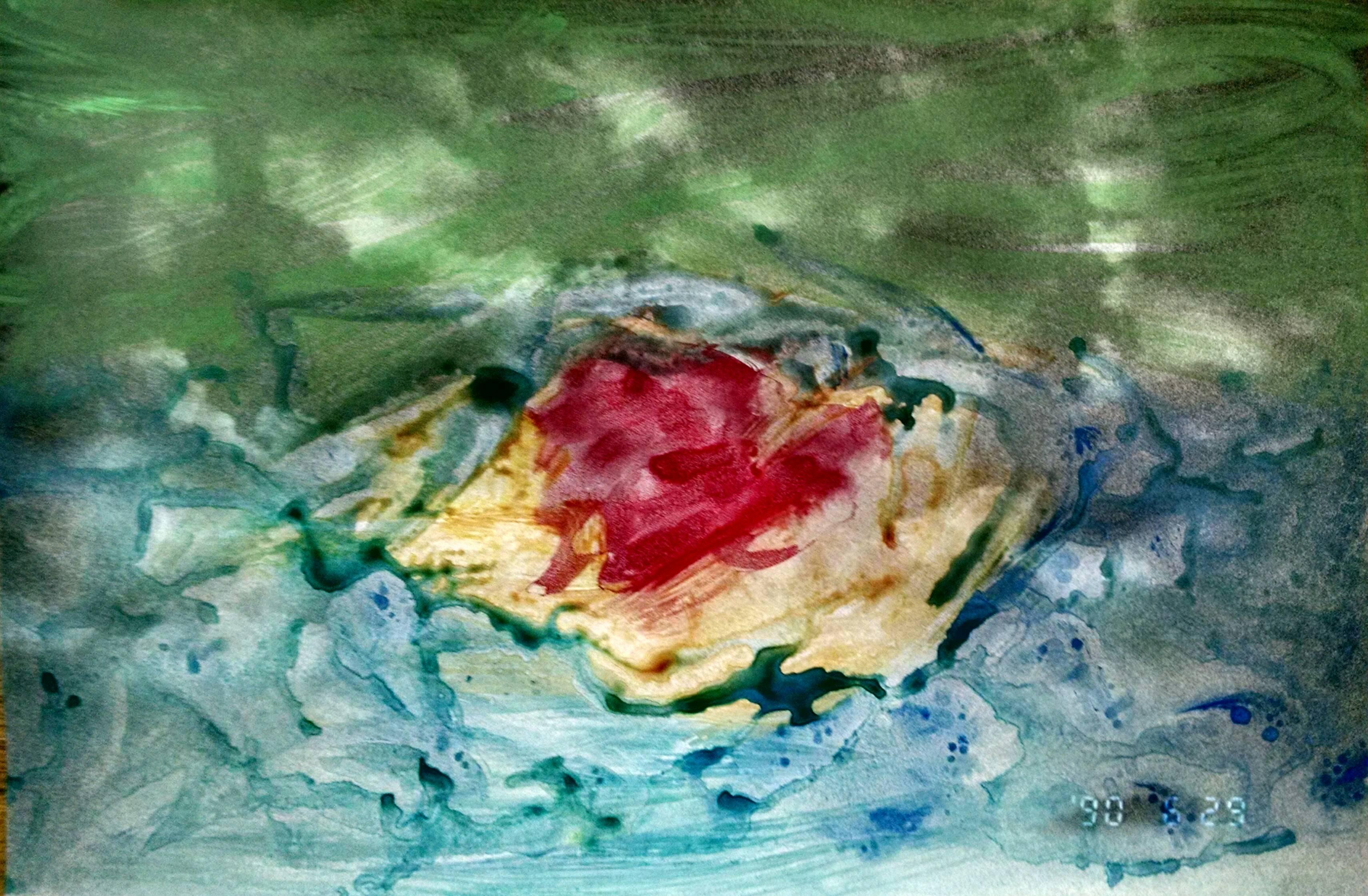  Impresión en gelatina de plata embellecida con pintura acrílica, firmada al dorso y dedicada por el artista, "PARA JOHN". Fotografía que representa una masa orgánica ovalada roja y amarilla en el centro, rodeada de campos verdes y azules. Sin