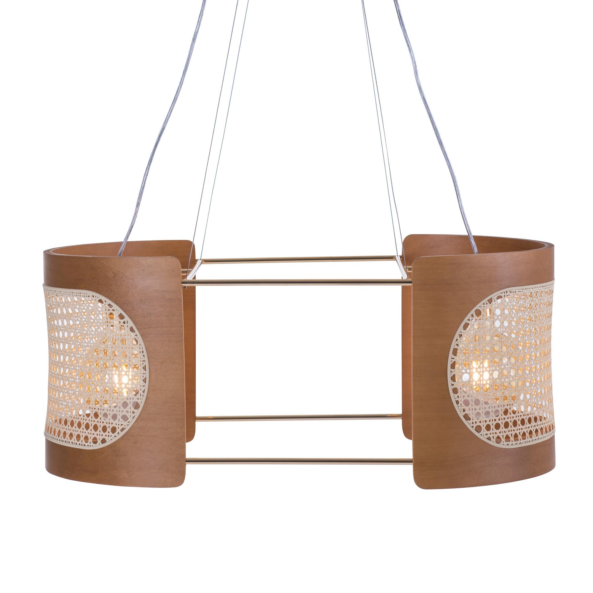 Hand-Crafted Contemporary Pendant Lamp Noce Large Size, Brazilian Wood and Natural Straw For Sale