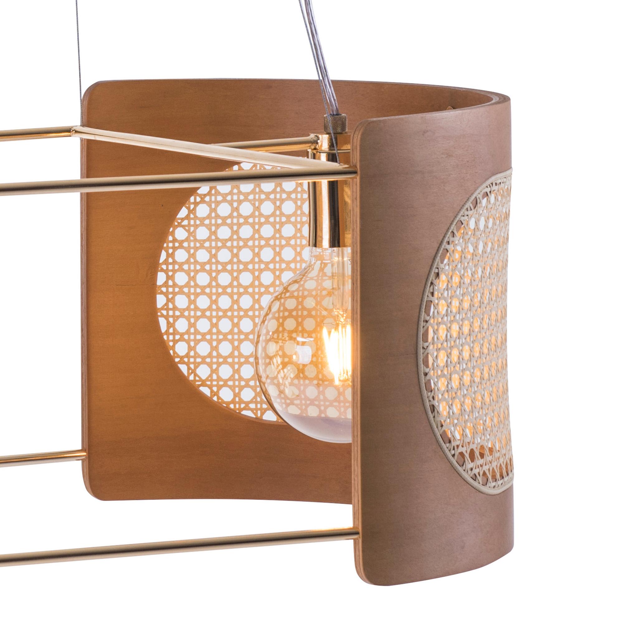 Modern Contemporary Pendant Lamp Noce Small Size, Brazilian Wood and Natural Straw For Sale