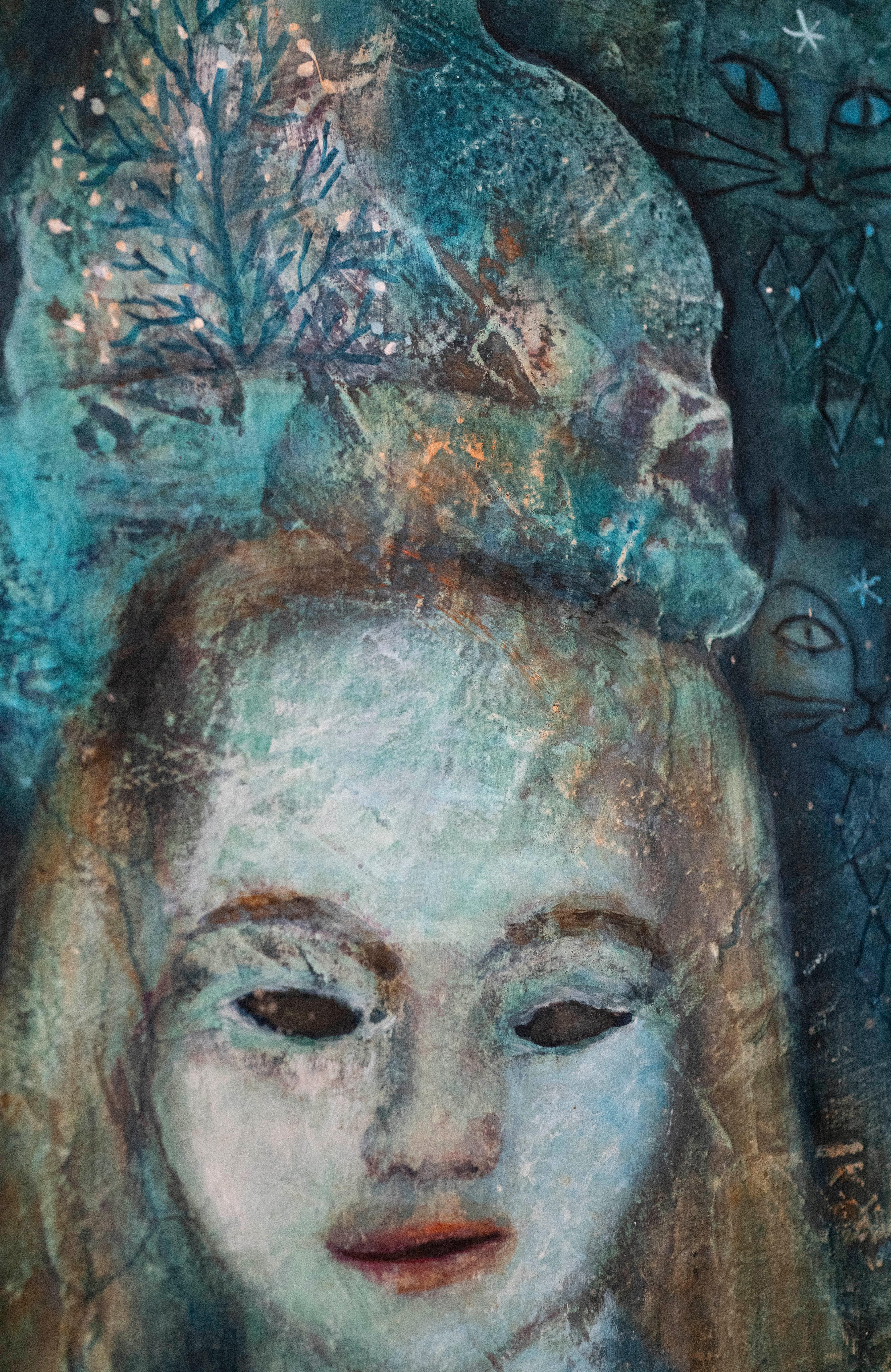 Ragazza con gatto - Painting Outsider Art di Noche Crist