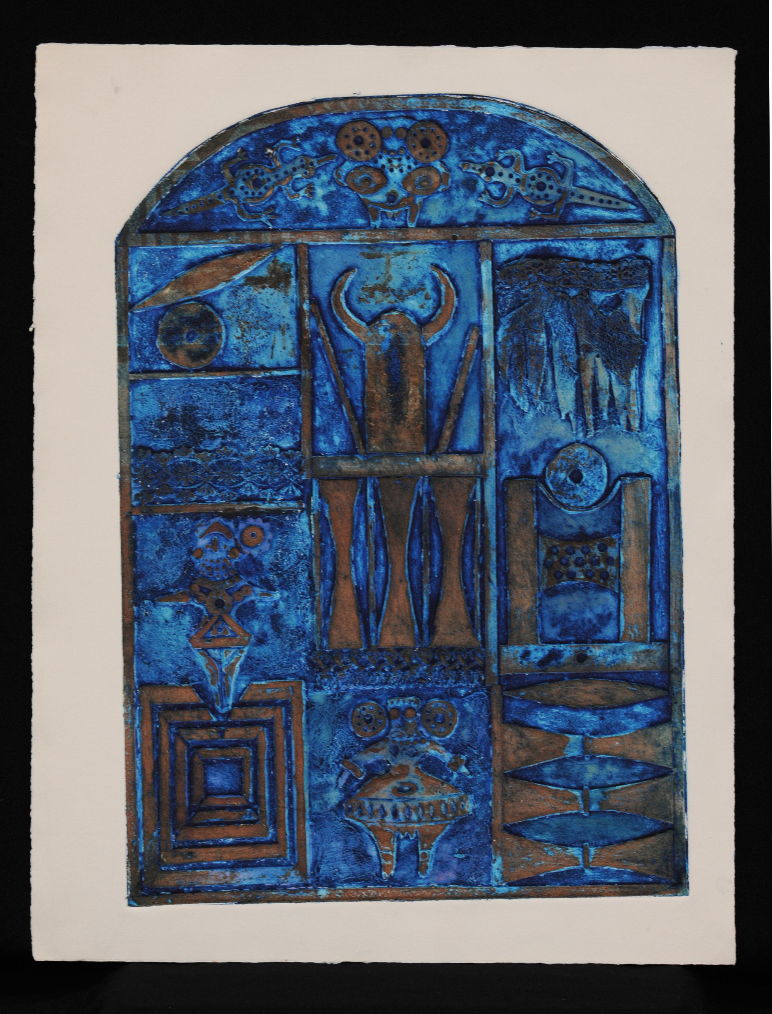Blue Collograph with Horns - Print by Noche Crist