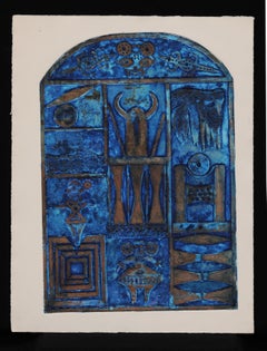 Blue Collograph with Horns