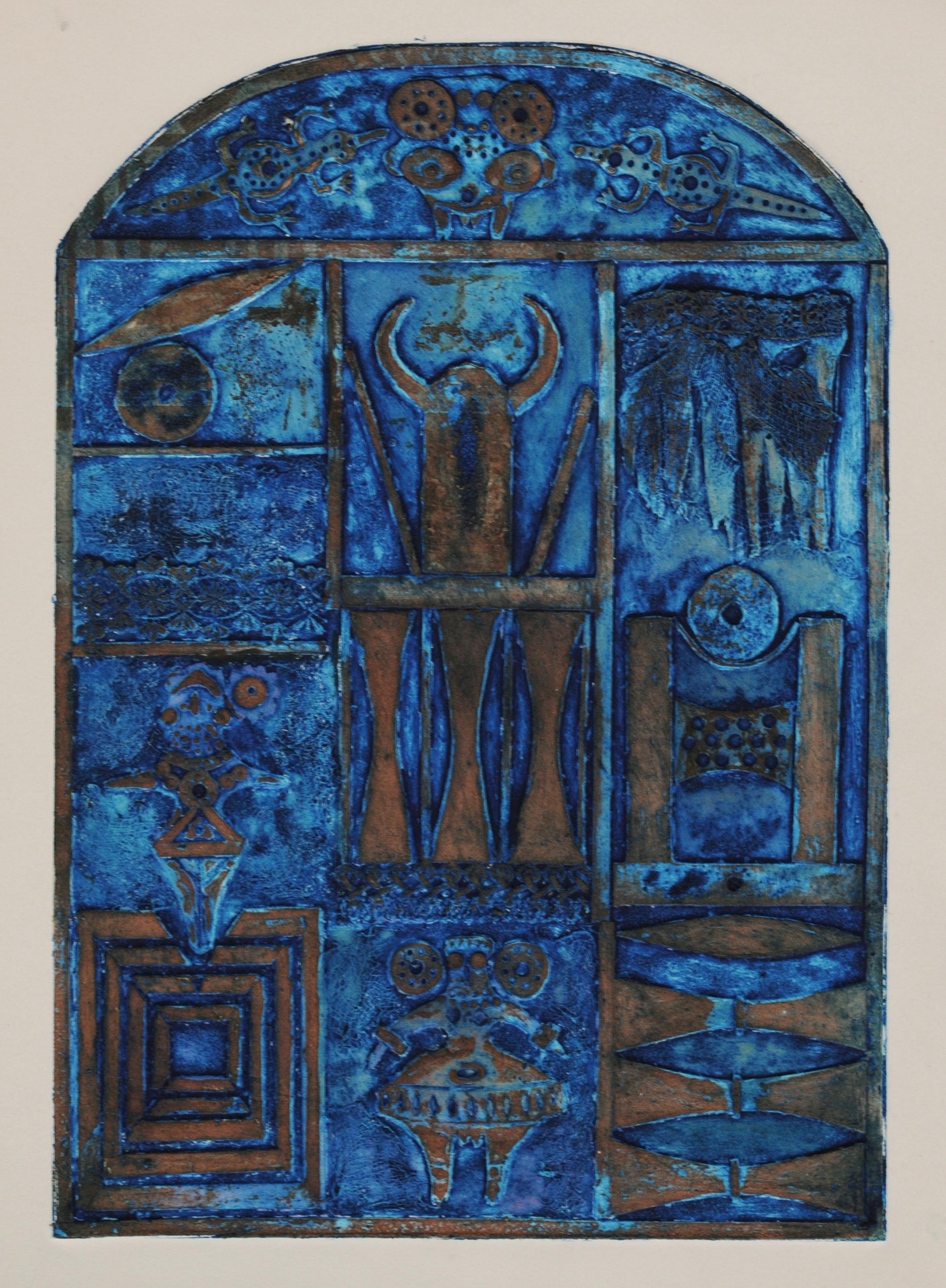 Noche Crist Figurative Print - Blue Collograph with Horns