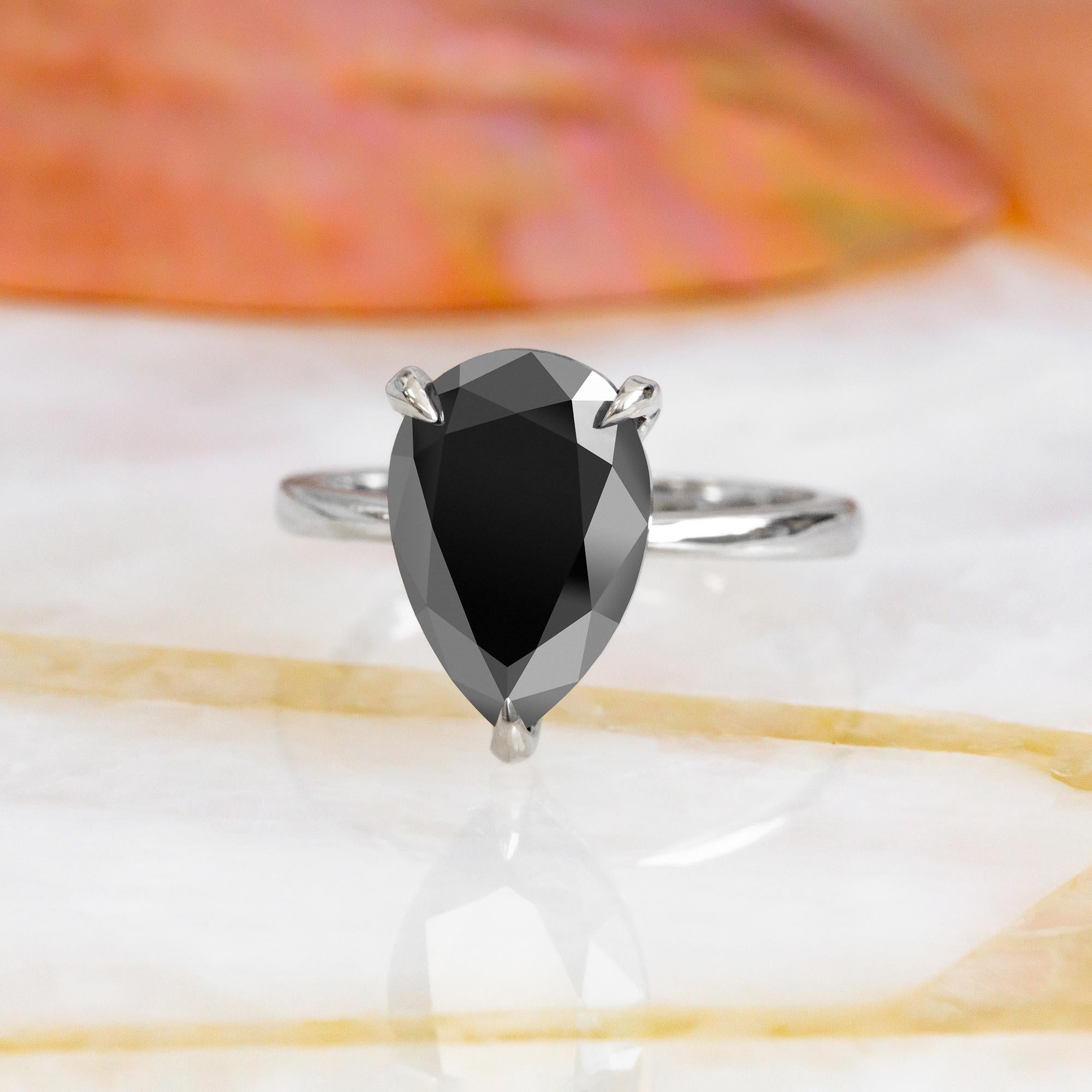 Art Deco Noche Negra Hidden Halo Natural Black Diamond Pear Engagement Ring For Sale