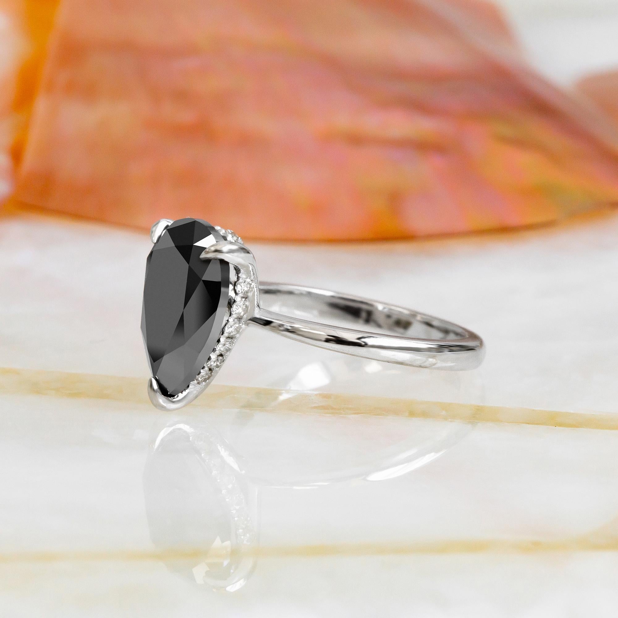 Noche Negra Hidden Halo Natural Black Diamond Pear Engagement Ring In New Condition For Sale In רמת גן, IL