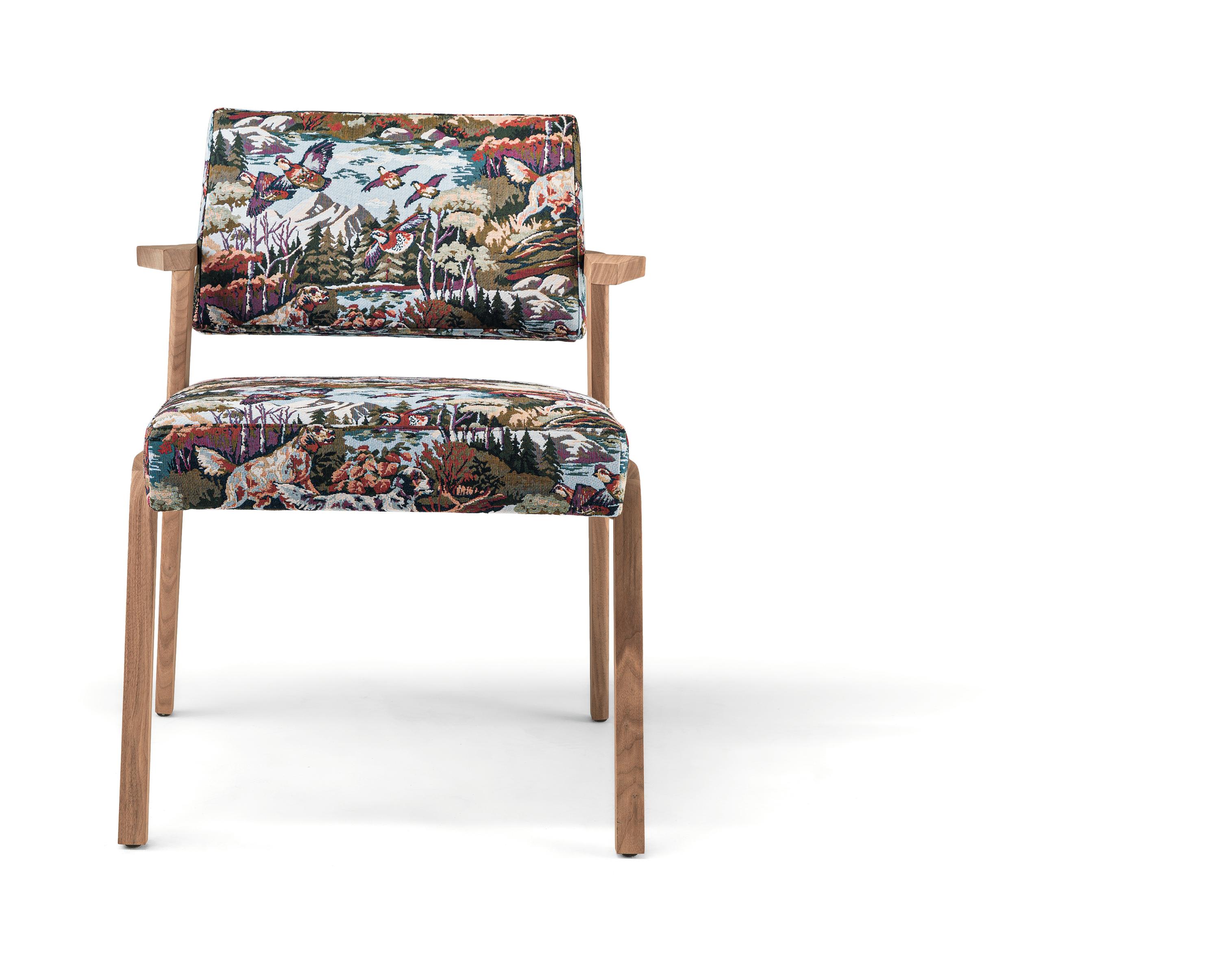 Italian NOCINA/D Dining Armchair in Matt Solid Canaletto Walnut and Hunting Dogs Fabric For Sale