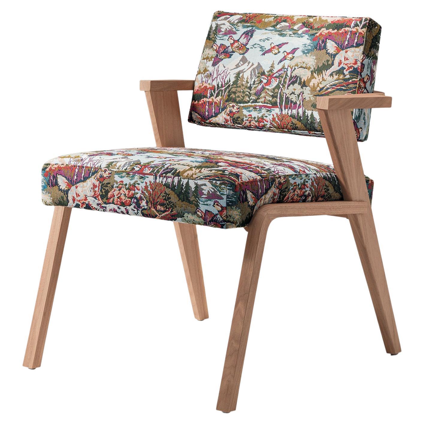 NOCINA/D Dining Armchair in Matt Solid Canaletto Walnut and Hunting Dogs Fabric For Sale