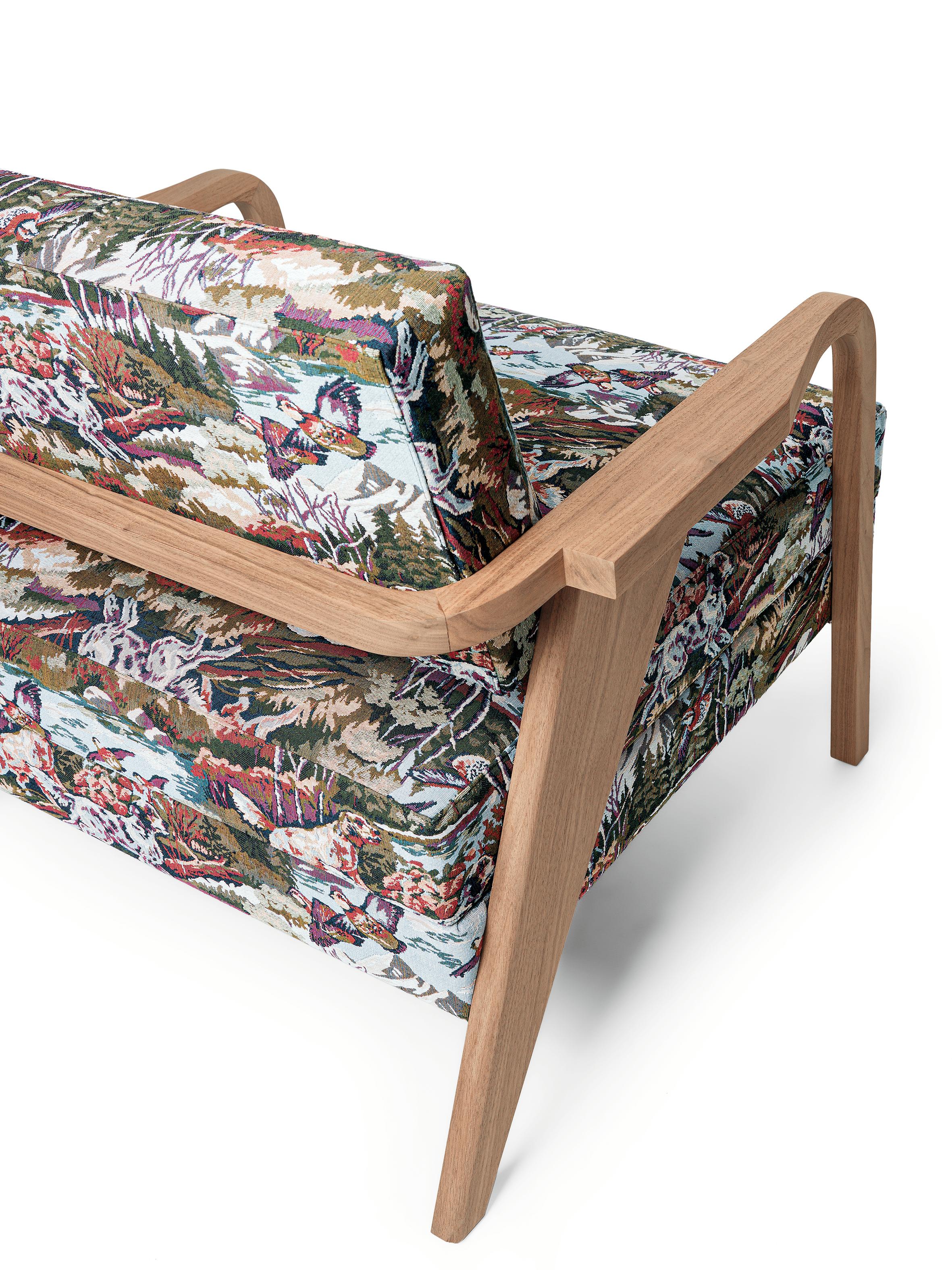 Hand-Carved NOCINA/L Wooden Lounge Chair with Dogs Fabric by Storagemilano For Sale