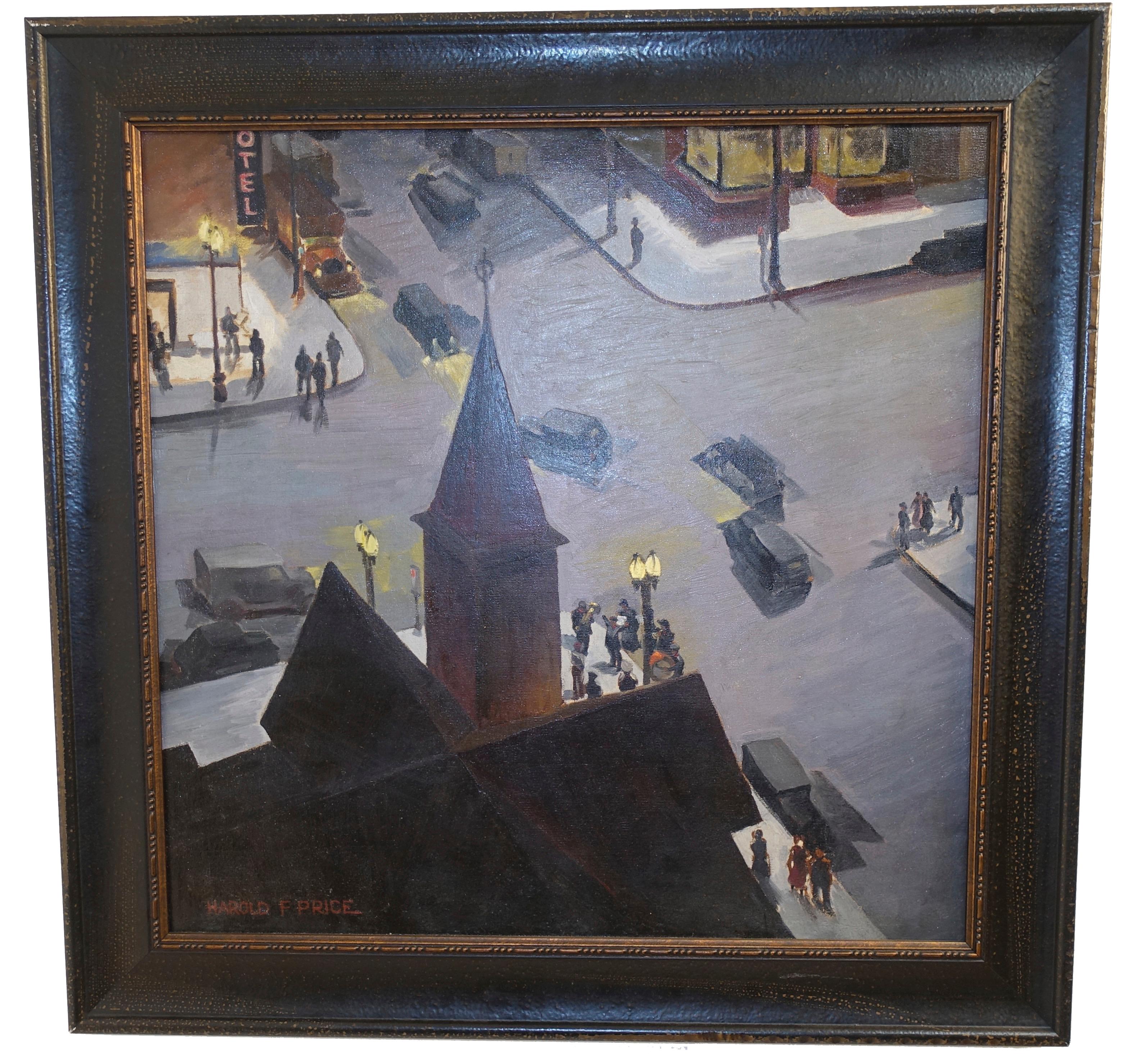 Bird's-eye view of an urban intersection at dusk by artist Harold Price. Framed painting, oil on canvas, American, mid-20th century.


Born in Portland, OR on Oct. 13, 1912. After graduating from the University of Oregon, Price moved to Los