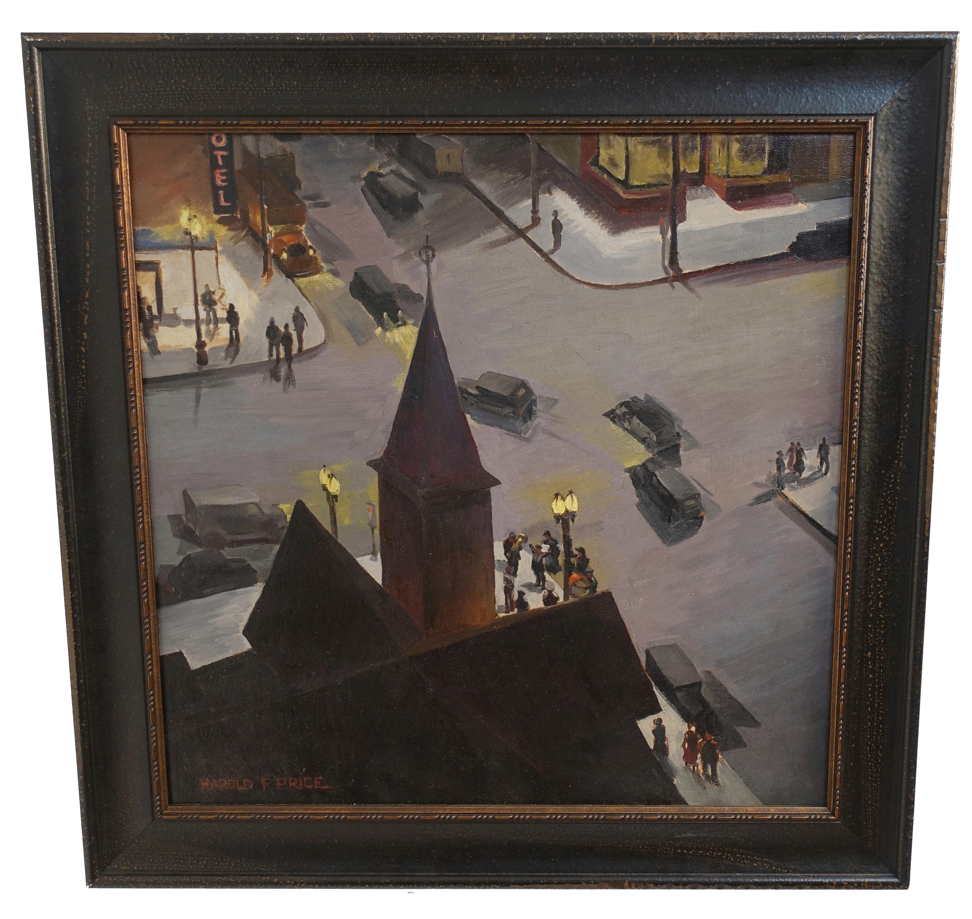 Hand-Painted Nocturnal Cityscape Painting, American, Mid-20th Century