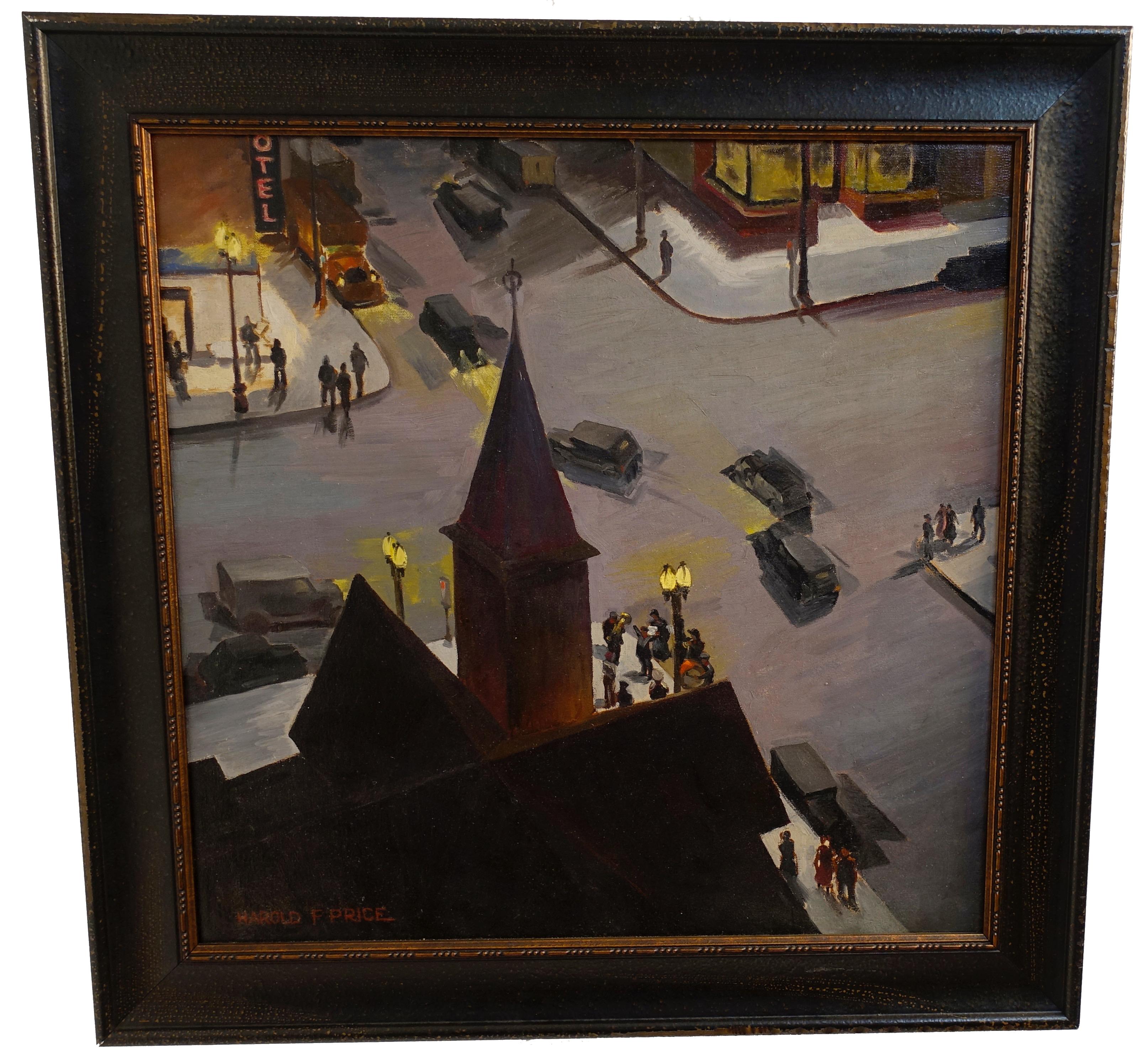 Nocturnal Cityscape Painting, American, Mid-20th Century In Excellent Condition In San Francisco, CA