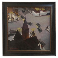 Nocturnal Cityscape Painting, American, Mid-20th Century