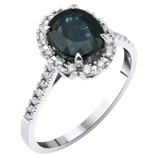 2.36ct Greenish Blue Sapphire And Diamond Ring For Sale