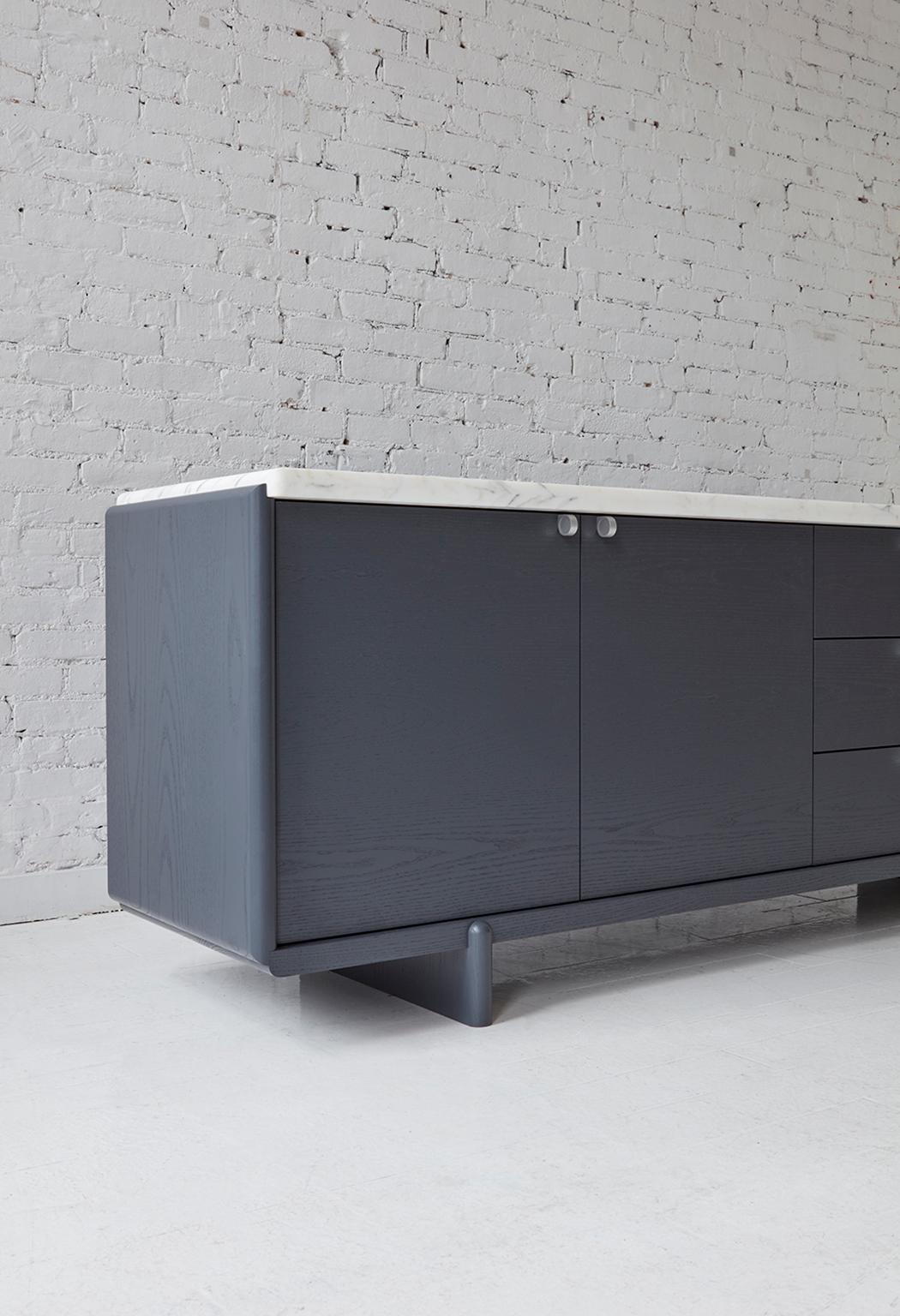 Lacquered Nocturne Credenza with Slate Lacquer Finish and Calacatta Marble For Sale