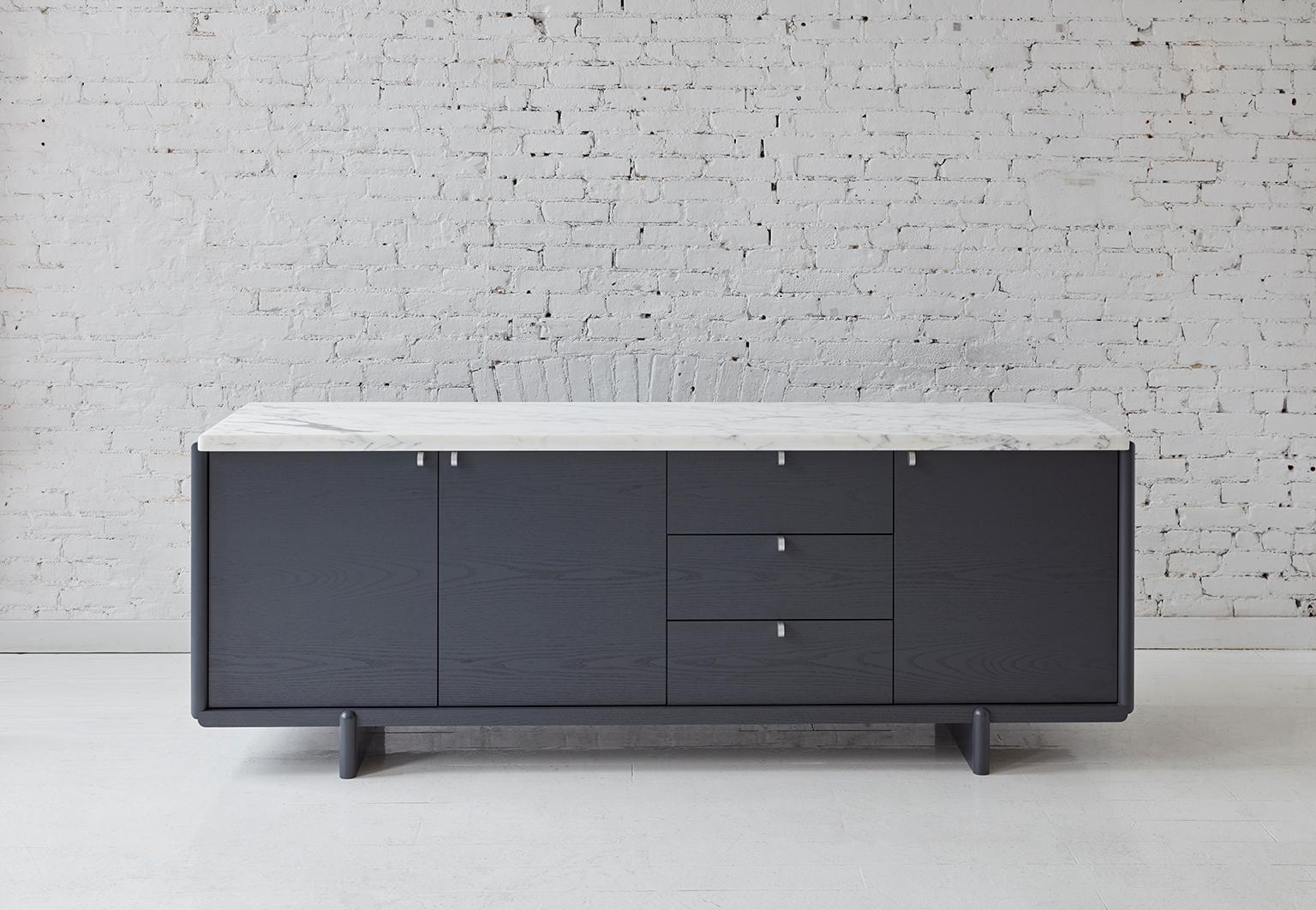 Contemporary Nocturne Credenza with Slate Lacquer Finish and Calacatta Marble For Sale