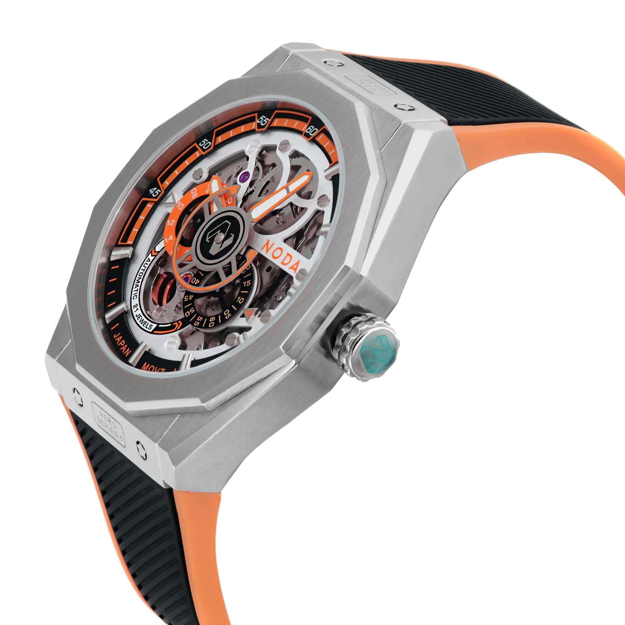 Noda Aero Series-1 43MM Stainless Steel Orange Skeleton Dial Automatic Watch In New Condition For Sale In New York, NY