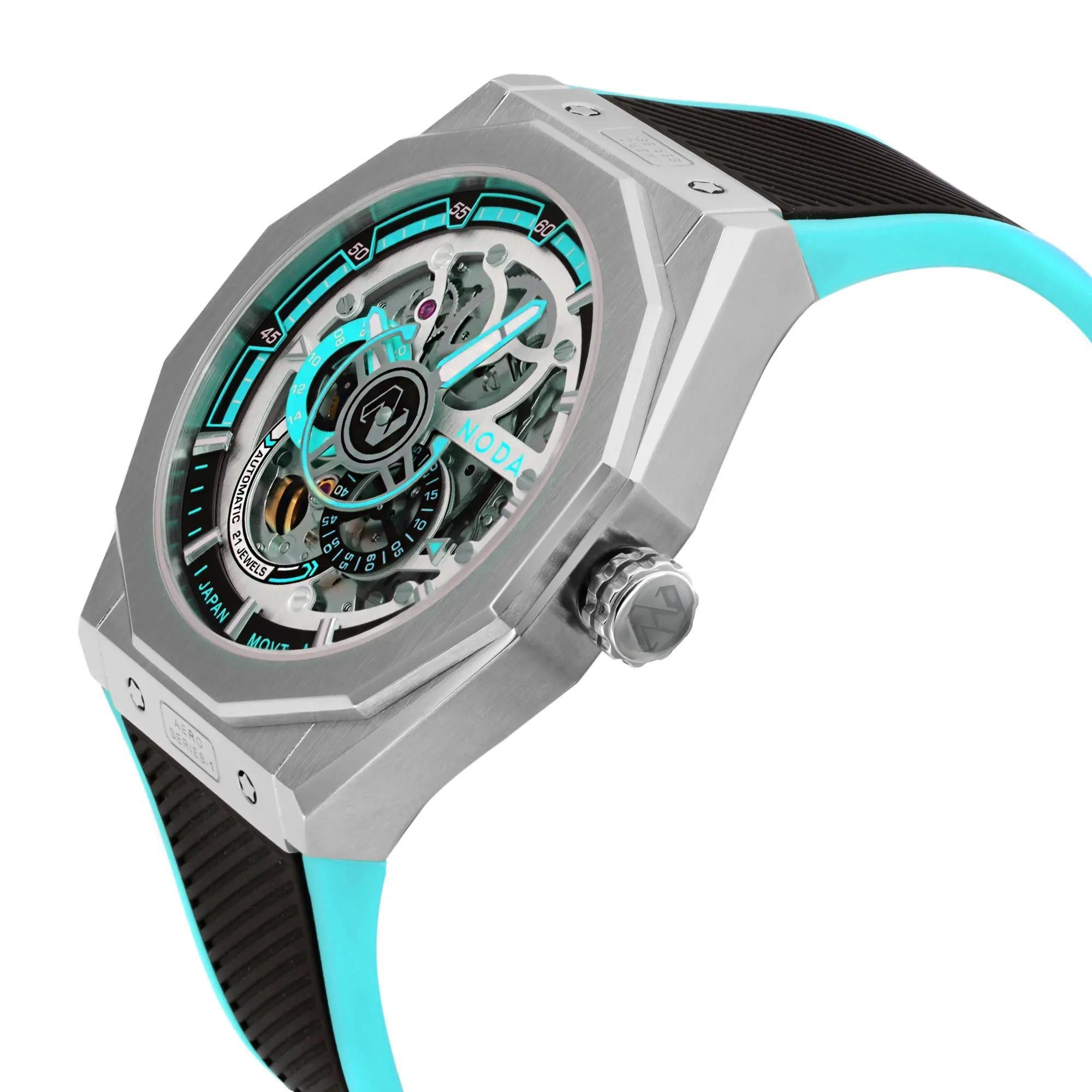 Noda Aero Series-1 43MM Stainless Steel Turquoise Skeleton Dial Automatic Watch In New Condition For Sale In New York, NY