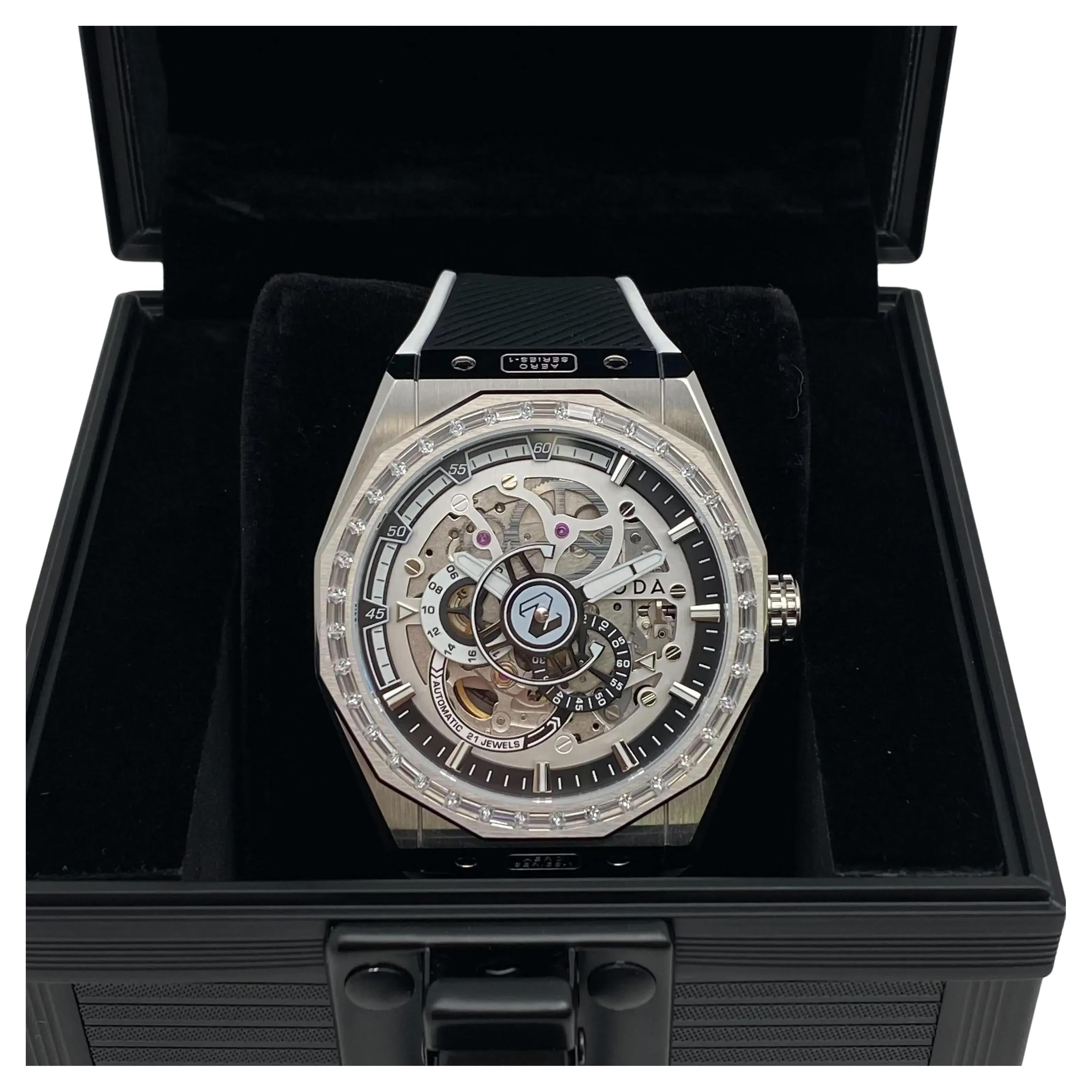 Noda Aero Series-1 43MM Acero CZ Piedra Esqueleto Blanco Esfera Reloj Automático