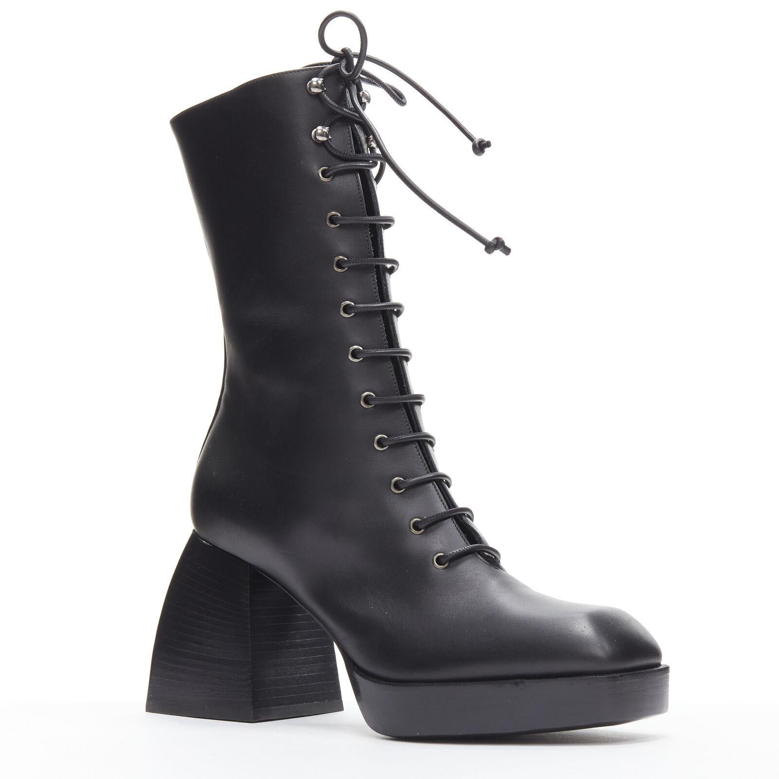Black NODALETO black lace up square toe block heeled platform boots EU39 US9 For Sale