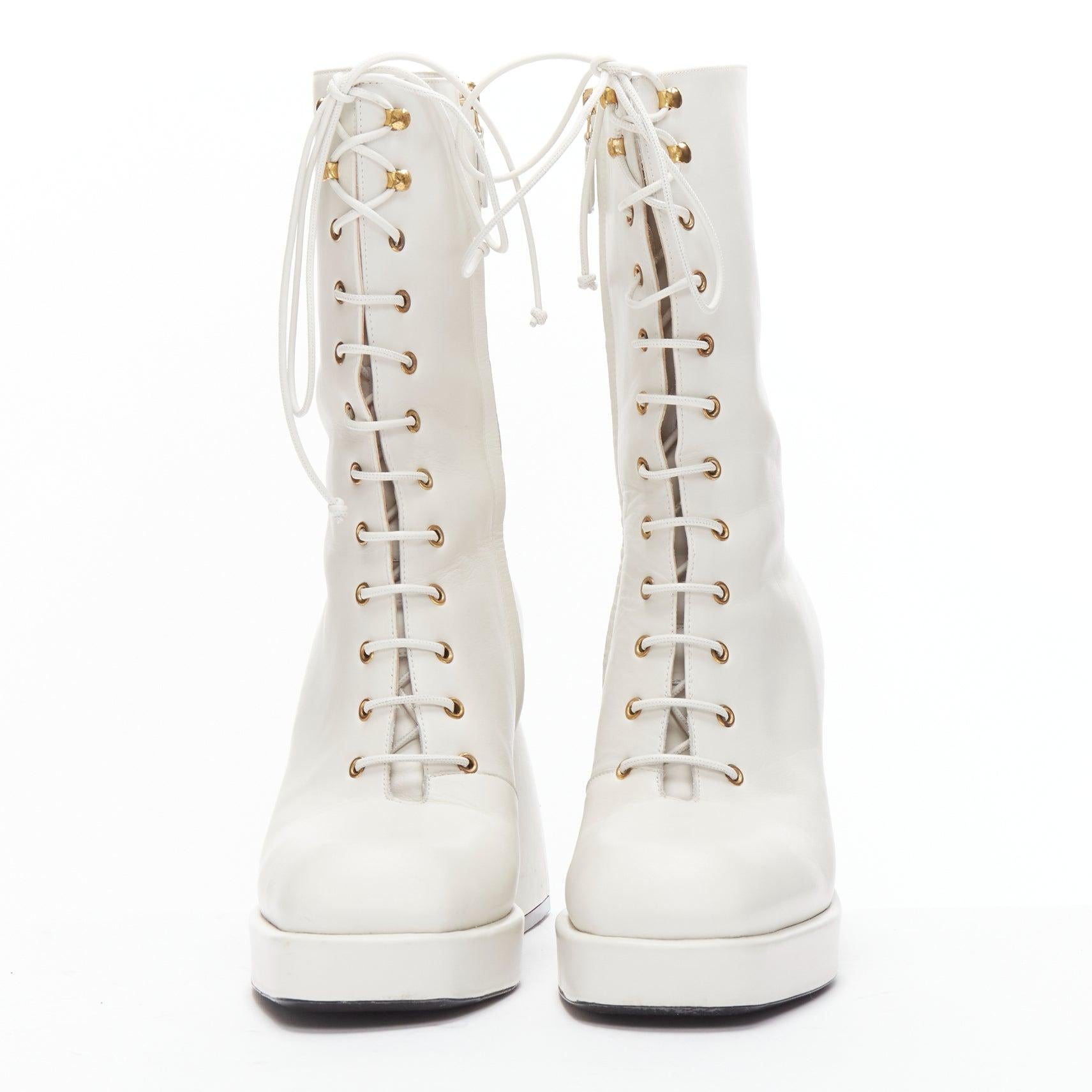 Gray NODALETO Bulla Candy white leather chunky heels lace up boots EU38 For Sale