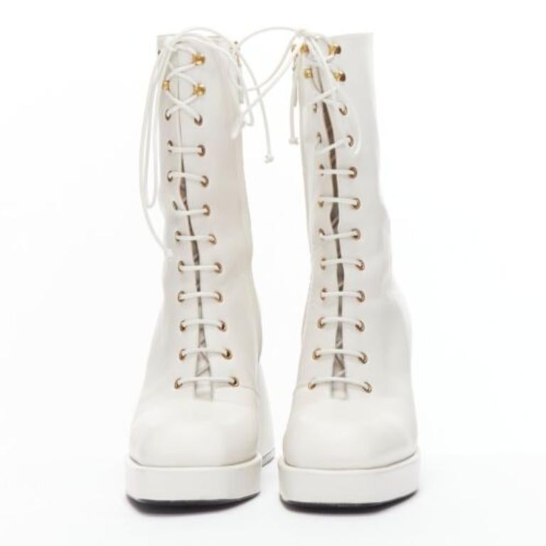 Gray NODALETO Bulla Candy white leather chunky heels lace up boots EU38
