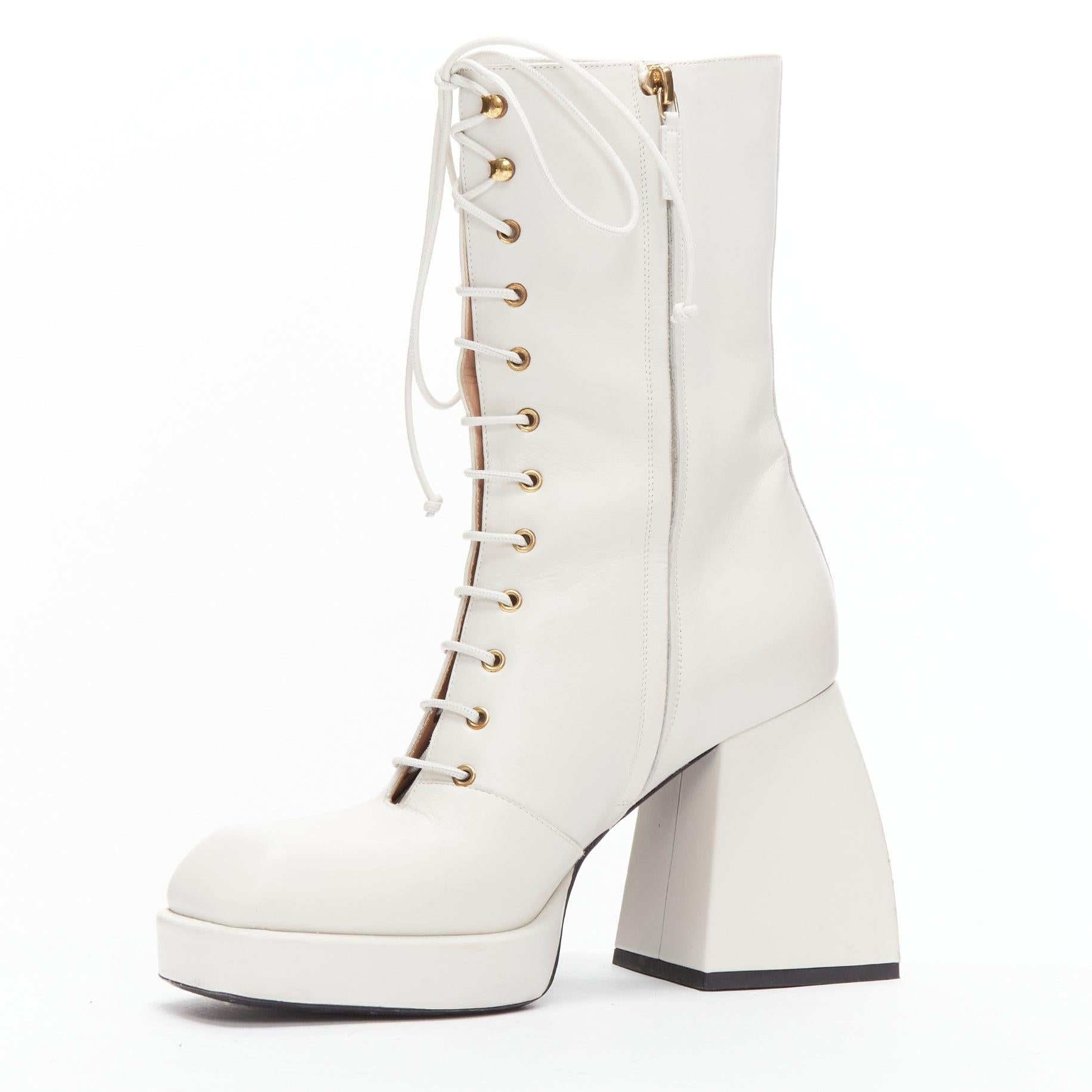 NODALETO Bulla Candy white leather chunky heels lace up boots EU38 In Good Condition For Sale In Hong Kong, NT