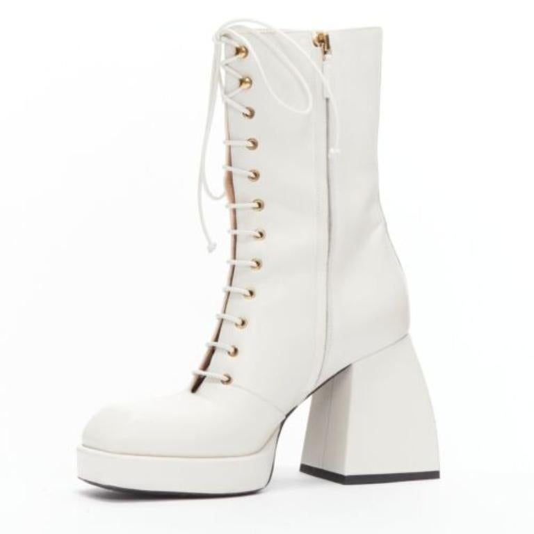 NODALETO Bulla Candy white leather chunky heels lace up boots EU38 In Good Condition In Hong Kong, NT