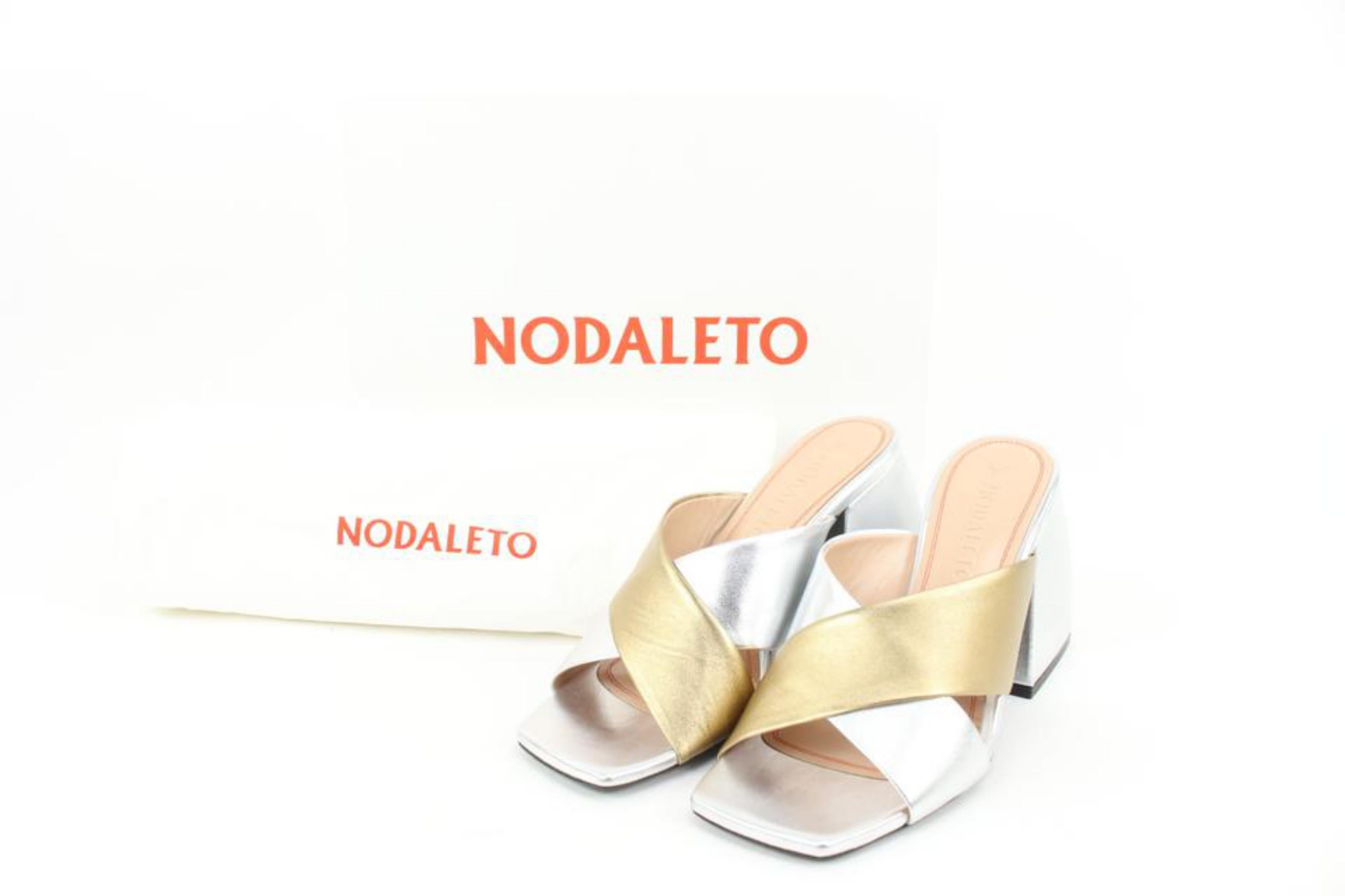 Nodaleto Size 38 Silver x Gold Leather Bulla Banks Block Heel Sandals  38n321s
Made In: Venice
Measurements: Length:  9.6