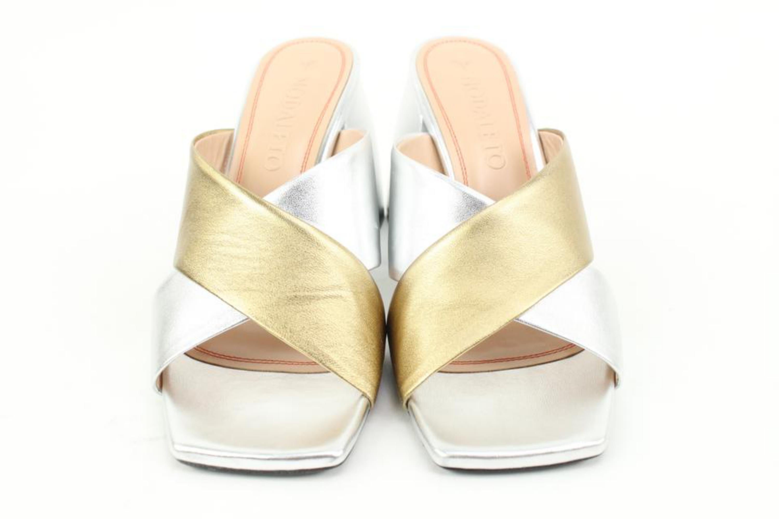 Nodaleto Size 38 Silver x Gold Leather Bulla Banks Block Heel Sandals  38n321s 3