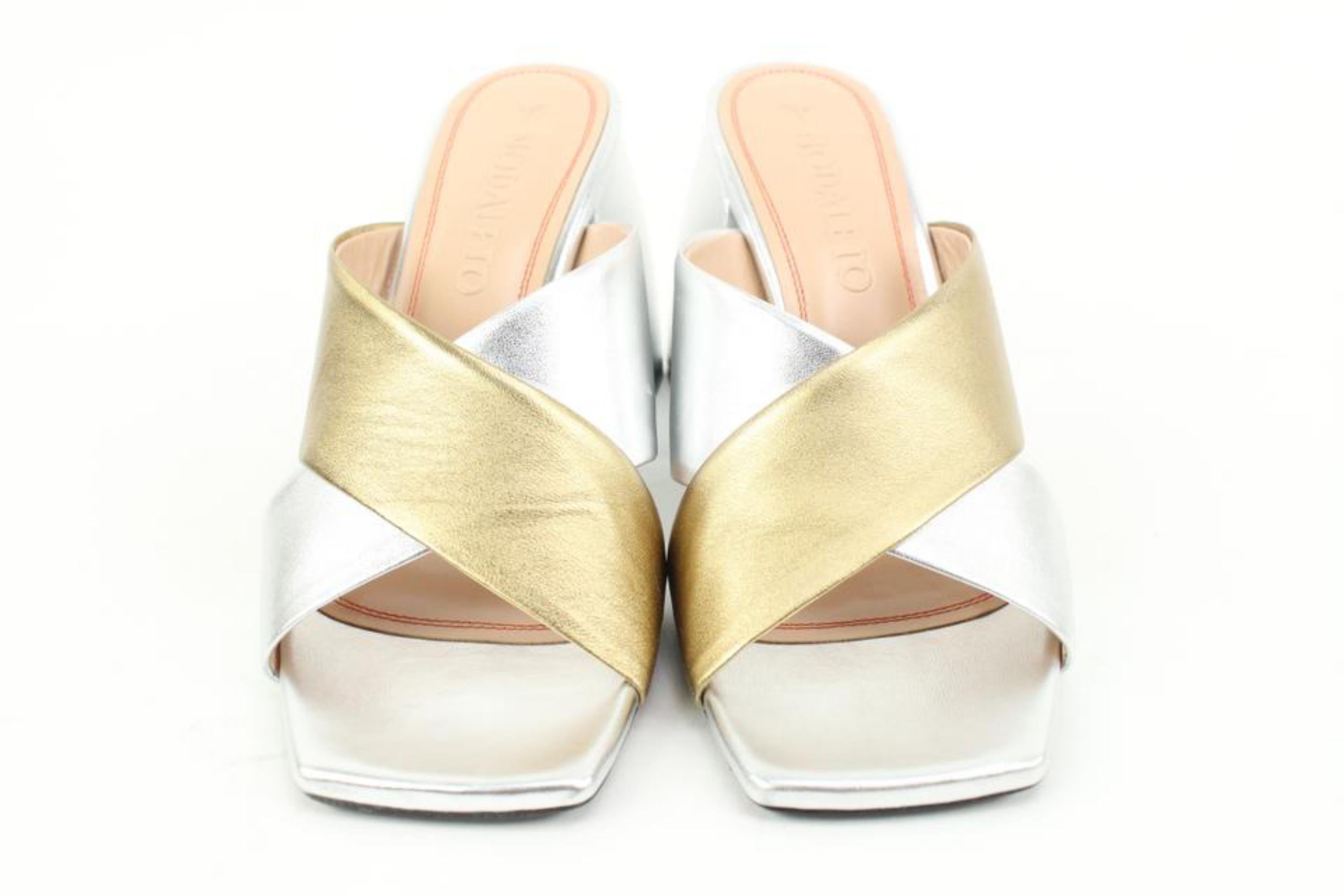Nodaleto Size 39 Silver x Gold Leather Bulla Banks Block Heel Sandals 8no34s For Sale 2