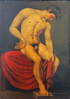 "Nodding Bacchus", 1820-Vintage NeoClassical Painting w/ Nude Male, Denmark Attr