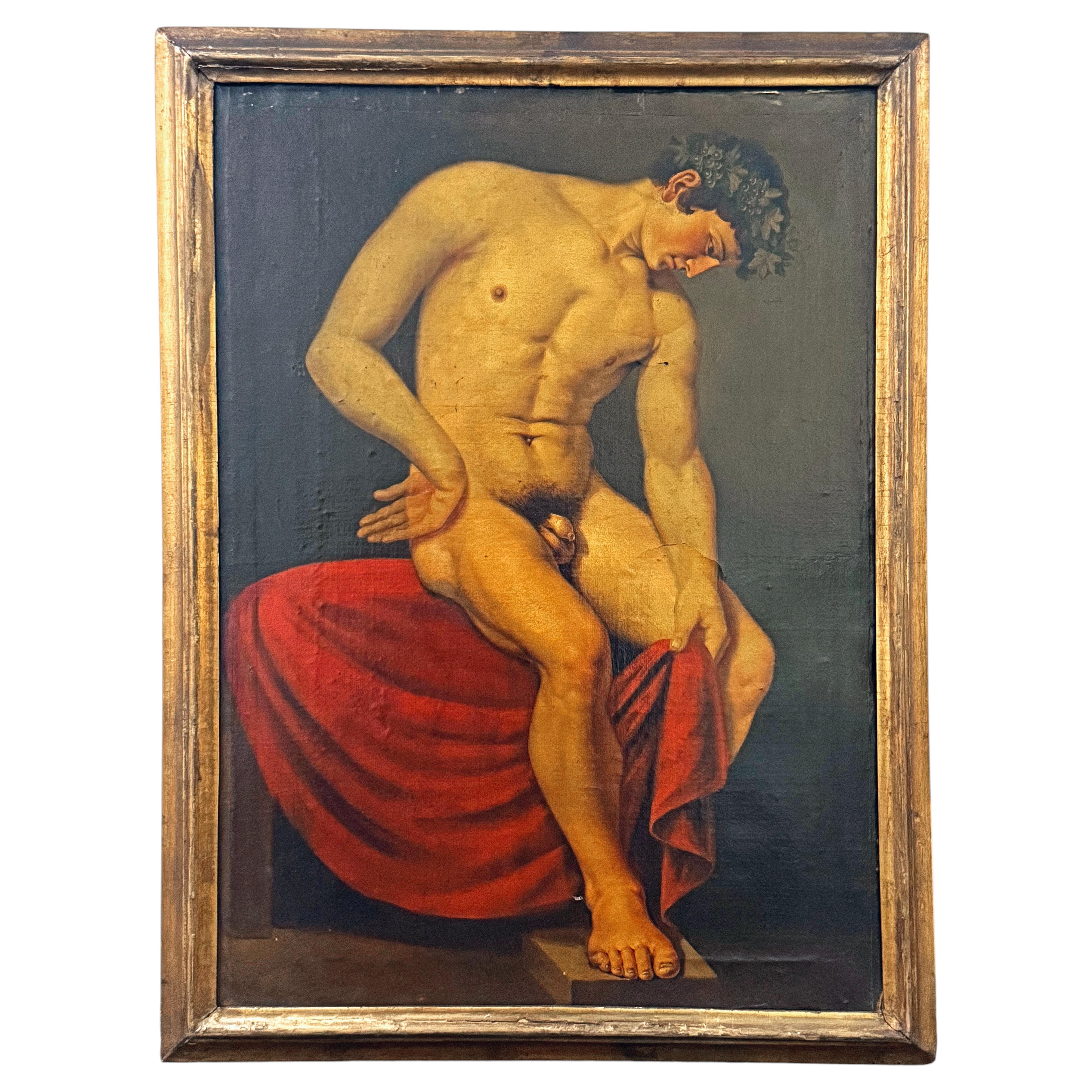 "Nodding Bacchus", 1820-Vintage NeoClassical Painting w/ Nude Male, Denmark Attr