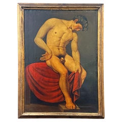 "Nodding Bacchus", 1820-Vintage NeoClassical Painting w/ Nude Male, Denmark Attr