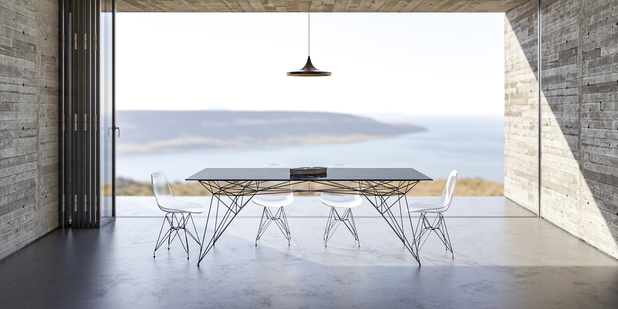 Node- 21st century modern marquina marble and wire steel table in black

The complexity of the Node table derives from simple dynamic straight-line flows which intersect into a geometric and rational mesh, aesthetically elegant structurally