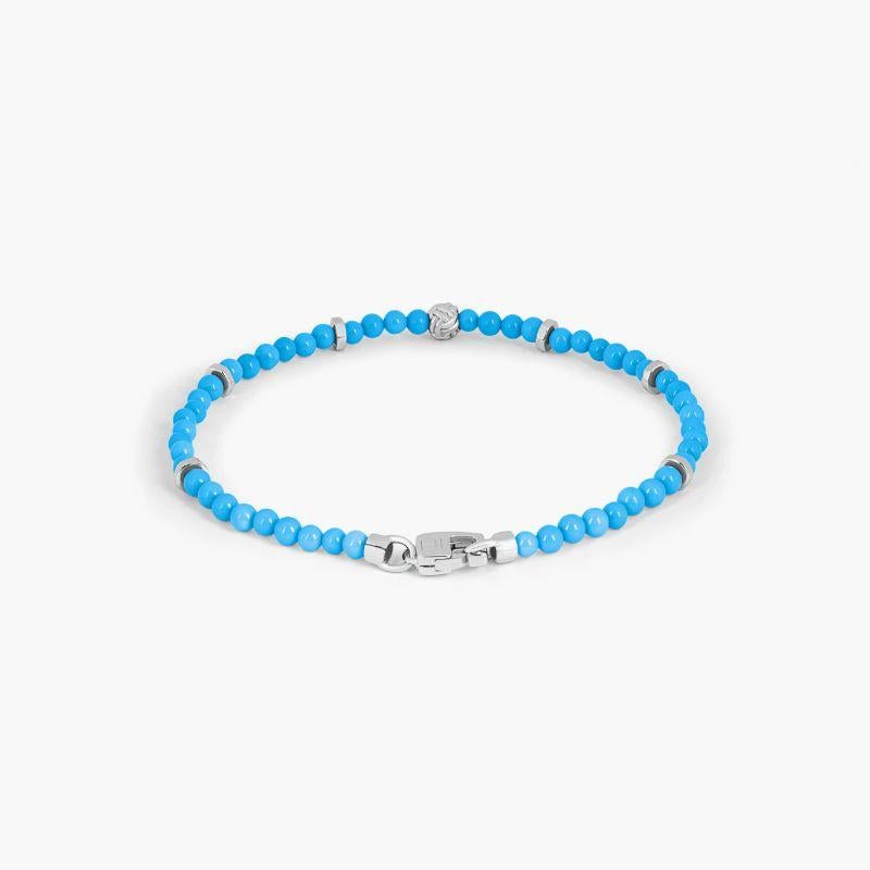 Nodo Bracelet with Sleeping Beauty Turquoise and Sterling Silver, Size L

Sleeping beauty turquoise are highly sought after and considered the finest turquoise due to its even body colour. Our faceted beads sit together with accents of
