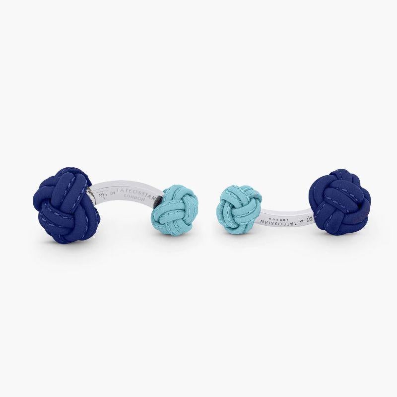 Nodo Pelle Cufflinks in Navy & Blue Leather

Reminiscent of the classic silk knot cufflinks, this style has been created from genuine Italian leather, hand wrapped into a Chinese knot. Each hand wrapped knot has luxuriously hand stitched detailing
