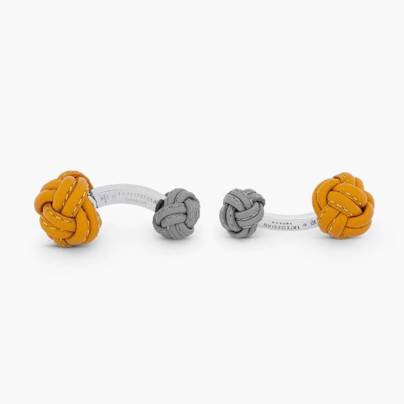 Nodo Pelle Cufflinks in Yellow & Grey Leather

Reminiscent of the classic silk knot cufflinks, this style has been created from genuine Italian leather, hand wrapped into a Chinese knot. Each hand wrapped knot has luxuriously hand stitched detailing