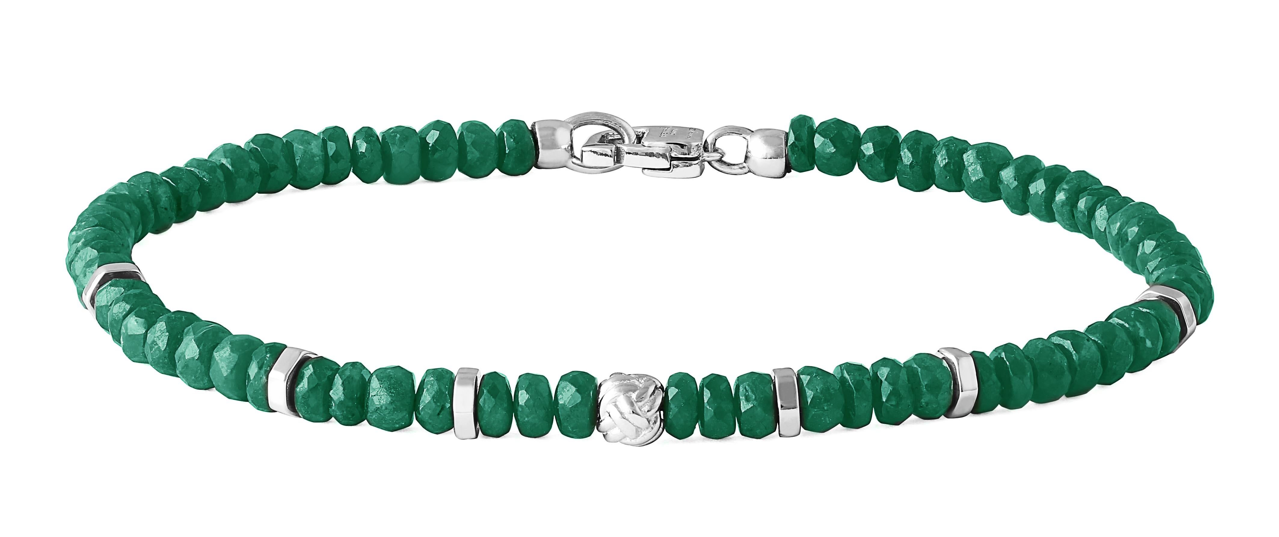 Tateossian continues to explore and find beauty in rare and less traditional precious stones. This hand strung beaded bracelet are made up of  precious Emerald faceted rondels, silver discs, a central silver knot bead and our signature Tateossian