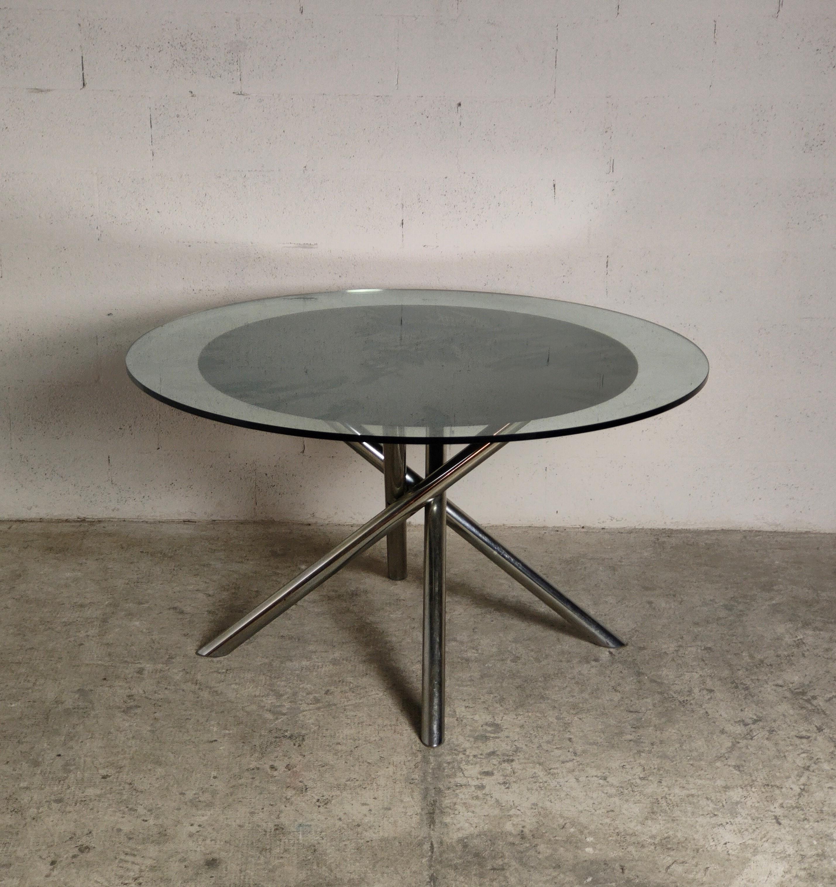 Steel Nodo Round Glass Table by Carlo Bartoli for Tisettanta 1970s