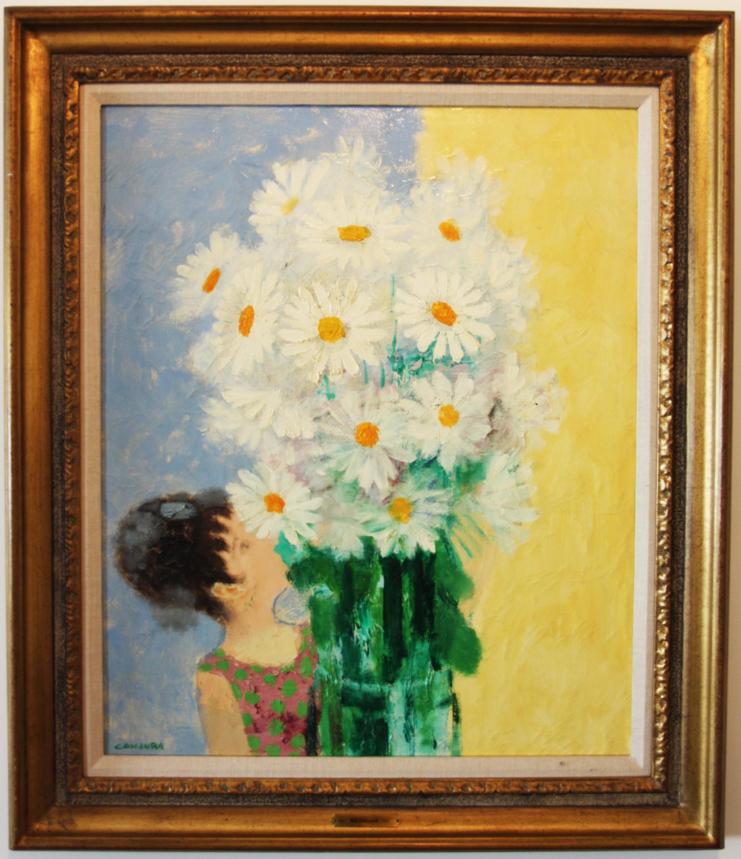 Peinture à l'huile de Noe Canjura (1922-1970) représentant une jeune femme tenant un bouquet de marguerites.  Signé dans le coin inférieur.  Né au Salvador mais formé en France à l'École nationale supérieure des Beaux-Arts, Noe Canjura est devenu