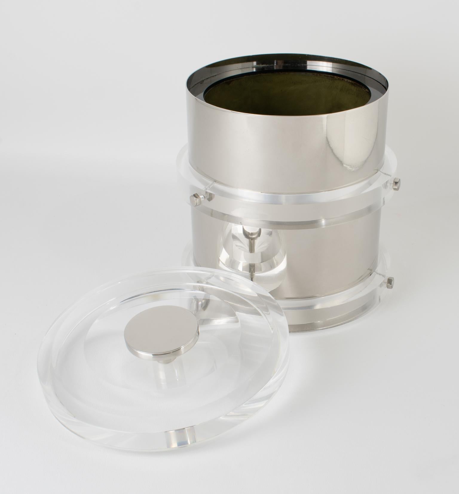 Beveled Noel BC Modernist Barware Chrome and Lucite Ice Bucket, circa 1980 For Sale
