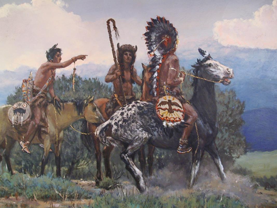 Avvicinamento di un cavaliere, pittura a olio western di Noel Daggett in vendita 4