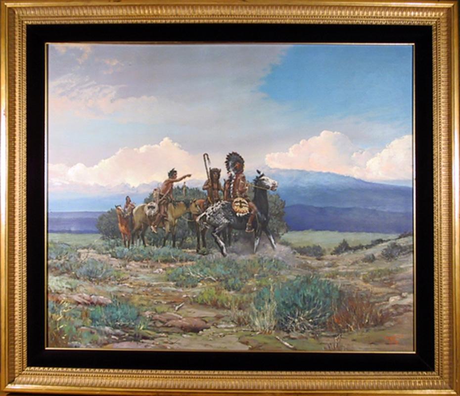 Aproximación de un jinete, pintura al óleo del Oeste por Noel Daggett