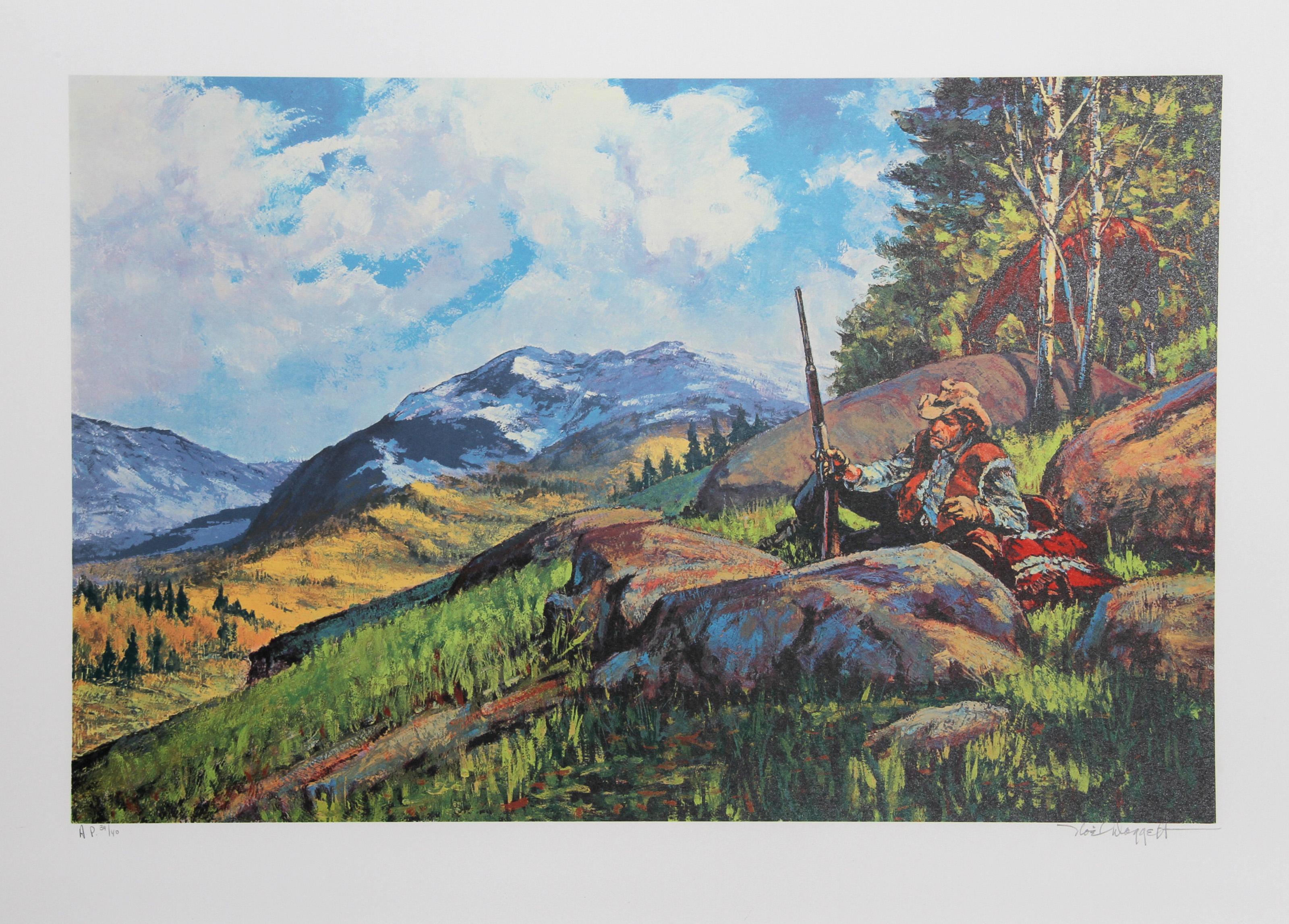Noel Daggett, estadounidense (1925 - 2005) - Un rifle largo espera, Año:  circa 1979, Medio:  Litografía, firmada y numerada a lápiz, Edición:  300, AP 40, Tamaño de la imagen:  17 x 26 pulgadas, Tamaño:  53,34 cm x 74,93 cm, Descripción:  En esta
